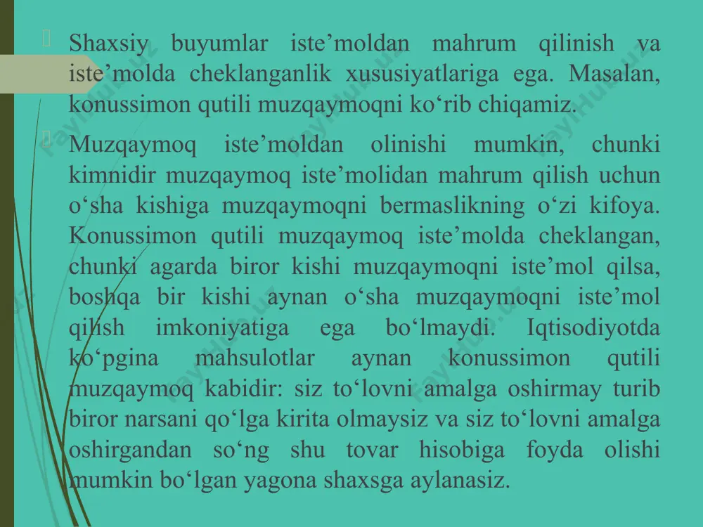 . bu masalani umummilliy resurslar fojeasi hikoyasidan to‘liqroq anglash mumkin ayrim muhim umumiy resurslar umumiy resurslardan foydalanishning ko‘pgina misollari mavjud. deyarli barcha holatlarda umummilliy resurslar fojeasidagi kabi muammo yuzaga keladi. alohida shaxslar umumiy resurslardan haddan ziyod ko‘p foydalanishadi. davlat, aksariyat hollarda, haddan ziyod ko‘p foydalanish muammosini yengillashtirish maqsadida ularning xulq-atvorlarini tartibga soladi yoki turli yig‘imlar joriy etadi. e’tiboringiz uchun raxmat.