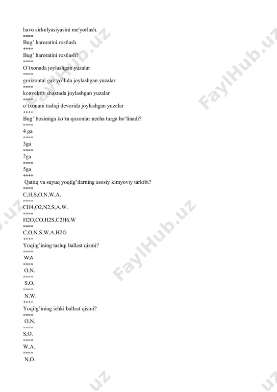 densasiyalashda sarflangan issiqlik miqdorlari yig’indisi ==== yoqilg’ini ishchi massasi yonish issiqligi ==== suv bug’ini kondensasiyalashga sarflangan issiqlikni xisobga olinmagan xoldagi yonish issiqligi ==== quyi yonish issiqligiga ++++ barabanli qozonlarning ishchi bosimi? ==== ==== ==== ==== ++++ oraliq qizdirgichning vazifasi? ==== yuus da ishlatilgan bug’’ni haroratini boshlang’ich haroratga yetkazish yonish mahsulotlarini sovutish ==== quruq bug’ni o’ta qizdirish ==== at'minlovchi suvni qizdirish ==== ishlatilgan bug’ bosimini boshlang’ich holatga yetkazish ++++ to’g’ri oqimli qozonlarining afzalligi? ==== o’ta yuqori parametrli bug’ olish ==== yuqori bosimli bug’ ishlab chiqarish ==== yoqilg’i tejamkorligi ==== issiqlik isrofi kamligi ++++ yoqilg’ining quyii yonish issiqligi deb nimaga aytiladi? ==== suv bug’ini kondensasiyalashga sarflangan issiqlikni hisobga olinmagan holdagi yonish issiqligi ==== yoqilg’ini ishchi massasi yonish issiqligi ==== yoqilg’ini to’liq yonish va suv bug’ini kondensasiyalashda sarflangan issiqlik miqdorlari yig’indisi ==== quyi yonish issiqligiga ++++ yuqori bosimli qozonlarda ishchi jismning bosimi? ==== ==== ==== ==== ++++ tutun gazlarining tarkibi? ==== ==== ==== …