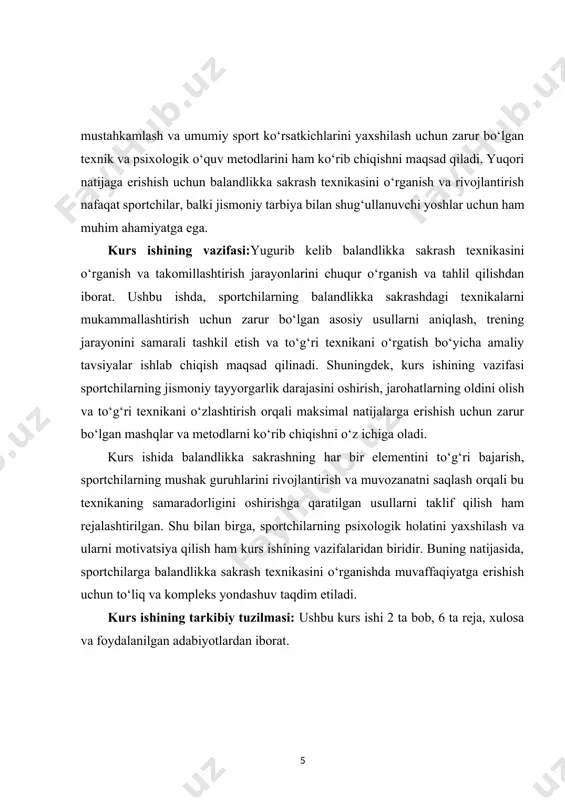 i tashkil etadi. yugurish bosqichida sportchining oyoqlarining to‘g‘ri ishlashi juda muhimdir. oyoqni yerga urishda o‘rnatiladigan kuch, har bir bosqichda sportchining tezligini oshirishga yordam beradi. to‘g‘ri oyoq pozitsiyasi va kuchni taqsimlash sportchining o‘zini maksimal darajada yaxshi his qilishiga, jarohatlardan saqlanishga yordam beradi. oyoq harakatlarining muvofiqligi esa yugurishning samaradorligini oshiradi.yugurishning o‘rganilayotgan bosqichlarida, sportchining tezligini oshirish uchun maxsus mashqlar, masalan, tezlikni rivojlantirishga yo‘naltirilgan shartli va mustahkamlovchi mashqlarni bajarish zarur. bu mashqlar sportchining tana a'zolarini to‘g‘ri muvozanatlashga yordam beradi, oyoqlarni tez va samarali ishlatish uchun yordam beradi. har bir yugurish bosqichida, yuqori tezlikni saqlash uchun qo‘l harakatlari va tana pozitsiyasi bir-biriga muvofiq bo‘lishi kerak. tezlikni oshirishning yana bir muhim jihati, sportchining nafas olish va jismoniy holatini nazorat qilishdir. tez yugurishda organizmning ishlashini eng optimal holatda saqlash uchun, nafas olishni to‘g‘ri va chuqur bajarish kerak. nafas olishning to‘g‘ri texnikasi va yurak urishining normal holatda saqlanishi yugurishda yuqori natijalarga erishish uchun zarur. bundan tashqari, yuqori tezlikda …