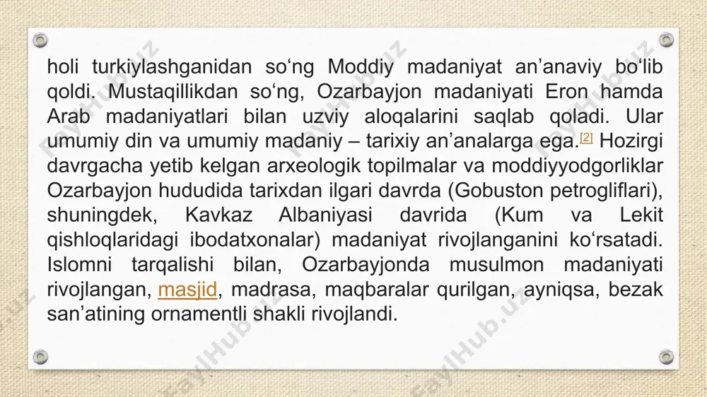 anini takidlagan. shimoli – sharqdagi mugʻon choʻlini shuningdek, ibn xordadbex ham kiritgan. u arran va ozarbayjonni alohida tariflagan. ozarbayjonning tarixiy markazi hamisha urmiya koʻlidan sharqidagi togʻli hudud boʻlgan.[13] safaviylar davrida soliqdan olingan daromadlarni olish maqsadida araks shimolidagi muayyan yerlar bir muddatga ozarbayjon provinsiyasiga qoʻshilgan. „iranika“ ensiklopediyasiga koʻra, safaviylar davrida (xvi—xvii) „ozarbayjon“ termini araks shimolidagi ayrim hududlarni belgilash uchun qoʻllangan, lekin safaviylar hukmronligi qulaganidan soʻng, bu manoda qoʻllanilmay qoldi; xix asr rossiyadan ozarbayjon mualliflari (mirza adigyozalbek va mirza jamol javonshir) uni faqatgina araks janubidagi yerlarga nisbatan qoʻllay boshladi. safaviylar davrida, m.atkin fikricha, „ozarbayjon“ nomi sharqiy kavkazning barcha musulmon xonliklari hamda araks daryosi janubidagi hududlarga nisbatan qoʻllangan.[14][15] image3.png /docprops/thumbnail.jpeg