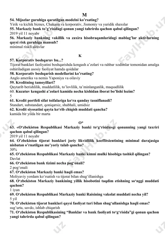 tiv operatsiyalariga nimalar kiradi? mijozlarga ssudalar berish, veksel operatsiyalari, qimmatli qog’ozlarni sotib olish, tovarlarni garovga olib ssuda berish 50. tijorat bankining barqarorligi – bu:? bankning barcha majburiyatlarini bajarishi 51. tomas metodikasi.? nomzod suhbatdan o‘tkaziladi, uning bahsli holatlarda o‘zini tutishi va atrofidagilarga munosabatini aniqlanadi 52. tijorat banklari ... da tashkil topadi? ixtiyoriy tashkiliy-huquqiy shaklda 53. tijorat bankini boshqaruvchi organlar? aksiyadorlarning umumiy yig‘ini, bank kengashi, boshqaruvi m 54. mijozlar guruhiga qaratilgan modelni ko’rsating? yirik va kichik biznes, chakana va korporativ, jismoniy va yuridik shaxslar 55. markaziy bank to’g’risidagi qonun yangi tahrirda qachon qabul qilingan? 2019 yil 11 noyabr 56. markaziy bankning vakillik va zaxira hisobraqamlaridagi mablag’lar aktivlarning qaysi risk guruhiga mansub? minimal riskli aktivlar k 57. korporativ boshqaruv bu...? tijorat banklari faoliyatini boshqarishda kengash a’zolari va rahbar xodimlar tomonidan amalga oshiriladigan asosiy faoliyat hamda qoidalar 58. korporativ boshqarish modellarini ko’rsating? anglo amerika va nemis yaponiya va oilaviy 59. kreditning tamoyillari? qaytarib berishlilik, …