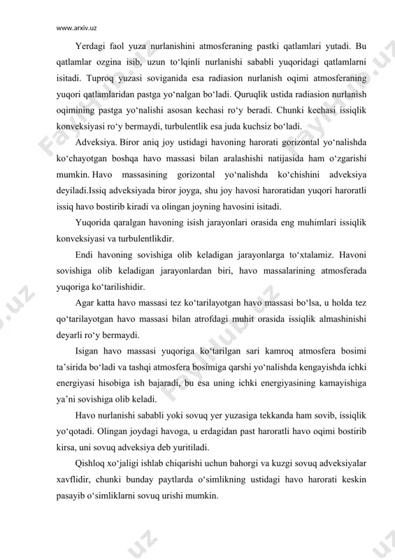 a qarshi yo‘nalishda kengayishda ichki energiyasi hisobiga ish bajaradi, bu esa uning ichki energiyasining kamayishiga ya’ni sovishiga olib keladi. havo nurlanishi sababli yoki sovuq yer yuzasiga tekkanda ham sovib, issiqlik yo‘qotadi. olingan joydagi havoga, u erdagidan past haroratli havo oqimi bostirib kirsa, uni sovuq adveksiya deb yuritiladi. qishloq xo‘jaligi ishlab chiqarishi uchun bahorgi va kuzgi sovuq adveksiyalar xavflidir, chunki bunday paytlarda o‘simlikning ustidagi havo harorati keskin pasayib o‘simliklarni sovuq urishi mumkin. 2. havo haroratini turli xil termometrlar yordamida o‘lchanadi. meteorologik stansiyalarda kuzatish paytidagi havo haroratini o‘lchash uchun muddatli psixrometrik termometrlar, havoning kuzatish muddatlari orasidagi eng yuqori haroratini o‘lchash uchun maksimal termometr tm-1, havoning kuzatish muddatlari orasidagi eng past haroratini o‘lchash uchun minimal termometr tm-2 ishlatiladi. barcha termometrlarni psixrometrik budkaga joylashtiriladi. psix-rometrik budka termometrlarni to‘g‘ri va qaytgan radiasiyaning ta’siri-dan, yerning nurlanishidan, shamollardan va yog‘inlardan saqlaydi. termometrlarni budkadagi metall shtativga o‘rnatiladi. 2 ta psixrometrik termometrlarni, tik ravishda rezervuarlarini er yuzasidan 2 m …