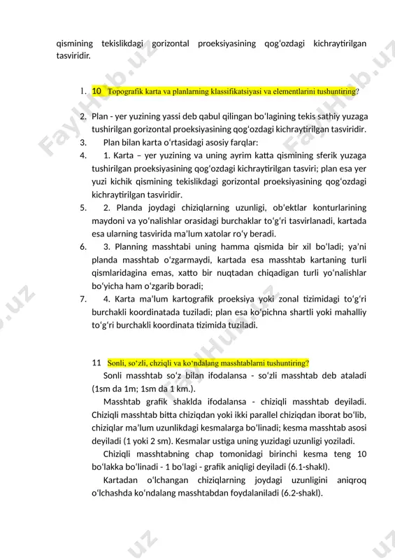 k karta va planlarning klassifikatsiyasi va elementlarini tushuntiring? 2. plan - yer yuzining yassi deb qabul qilingan bo‘lagining tekis sathiy yuzaga tushirilgan gorizontal proeksiyasining qog‘ozdagi kichraytirilgan tasviridir. 3. plan bilan karta o‘rtasidagi asosiy farqlar: 4. 1. karta – yer yuzining va uning ayrim katta qismining sferik yuzaga tushirilgan proeksiyasining qog‘ozdagi kichraytirilgan tasviri; plan esa yer yuzi kichik qismining tekislikdagi gorizontal proeksiyasining qog‘ozdagi kichraytirilgan tasviridir. 5. 2. planda joydagi chiziqlarning uzunligi, ob’ektlar konturlarining maydoni va yo‘nalishlar orasidagi burchaklar to‘g‘ri tasvirlanadi, kartada esa ularning tasvirida ma’lum xatolar ro‘y beradi. 6. 3. planning masshtabi uning hamma qismida bir xil bo‘ladi; ya’ni planda masshtab o‘zgarmaydi, kartada esa masshtab kartaning turli qismlaridagina emas, xatto bir nuqtadan chiqadigan turli yo‘nalishlar bo‘yicha ham o‘zgarib boradi; 7. 4. karta ma’lum kartografik proeksiya yoki zonal tizimidagi to‘g‘ri burchakli koordinatada tuziladi; plan esa ko‘pichna shartli yoki mahalliy to‘g‘ri burchakli koordinata tizimida tuziladi. 11 sonli, so‘zli, chziqli va ko‘ndalang masshtablarni tushuntiring? …