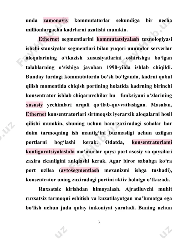 ga ega boʻlmaydi. himoya shundan iborat boʻladiki, bunda maʼmur qoʻlda konsentratorning har bir portini biror-bir mas-manzilga bogʻlaydi. bu mas-manzil ushbu portga bogʻlanishga ruxsat etilgan stansiyaning manzili hisoblanadi. maʼlumotlarni himoyalashning ushbu usulini amalga oshirish uchun konsentratorni oldindan konfiguratsiyalash kerak. buning uchun konsentrator boshqaruv blokiga ega boʻlishi kerak. bunday konsentratorlar odatda, intellektual deb ataladi. boshqaruv bloki oʻzida ichki dasturiy taʼminoti bilan ixcham hisoblash blokini oʻzida aks ettiradi. maʼmur bilan boshqaruv blokining oʻzaro aloqasi uchun konsentrator konsol portiga (koʻproq rs-232-485) ega boʻlib, unga terminal yoki terminalni emulyatsiyalash dasturi bilan shaxsiy kompyuter ulanadi. terminalni (paydo boʻlishi orasidagi kechikish (задержка) 40 mks ni tashkil etdi, bu (koʻprik orqali kadrni uzatishdagi kechikishdan ancha kichik boʻladi. igbase-t texnologiyasining har bir 8 ta portiga ethernet paketlarining alohida porti (pp) orqali xizmat koʻrsatiladi. bundan tashqari, kommutator pp ning barcha protsessorlarining ishlashini boshqaradigan, xususan kommutatorning umumiy manzili jadvalini olib boradigan tizimli modulga ega. portlar orasida kadrlarni uzatish uchun kommutatsion matritsadan …