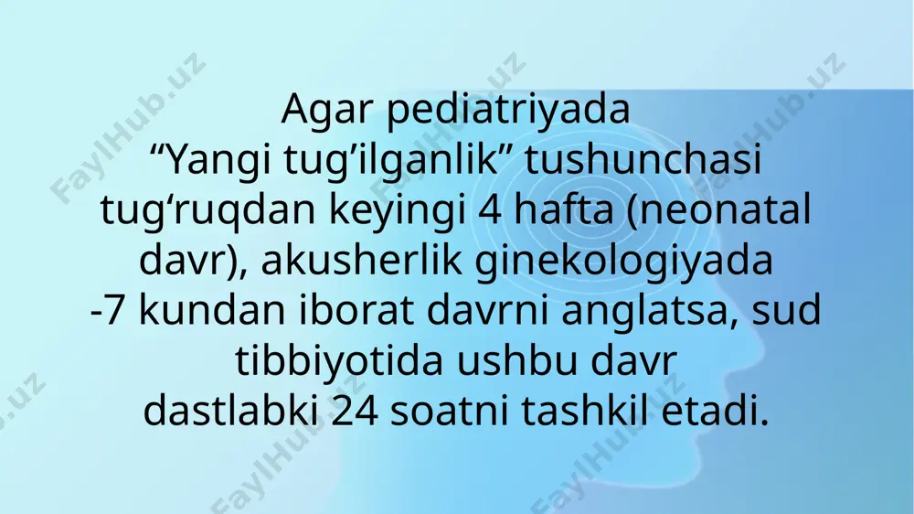 ning aspiratsiyasi qog‘onoq suvlarida ko‘p miqdorda mekoniy. miya qon aylanishining asosan miyaning yumshoq pardalariga, ba’zan bosh miya to‘qimasi va qorinchalariga qon quyilishlar intranatal davrda nozo‘raki o’lim sabablari tug‘ruq travmasi ba’zi holatlarda (tor tos, yirik homila, tug‘ruq faoliyatining sustligi) tug‘ruq travmasida tashqi jarohatlar, shu jumladan yaralar hosil bo’lmaydi topiladi kalla gumbazi suyaklarining sinishi, kalla ichi qon quyilishlar tepa va peshona suyaklari shikastlanadi bunda tepa suyaklarida radial, tepa va bosh suyaklarida botiq siniqlar aniqlanadi. bosh miya parda va to‘qimasiga qon quyilishlar postnatal davrda nozo’raki o’lim hayot bilan nomutanosib rivojlanish nuqsonlari, yangi tug’ilganlarning gemolitik kasalligi tug‘ma toksoplazmoz pnevmopatiyalar postnatal davrda zo‘raki o’lim aktiv go’dak o’ldirish yangi tug’ilgan go‘dakka nisbatan muayyan harakat sodir etiladi. qo‘l yoki sirtmoq bilan bo‘g‘ish, nafas teshiklarini yopish, cho‘ktirish, ko‘krak va qorin a’zolarining qisilishi, ba’zan esa mexanik jarohatlar yetkazish, olovga tashlash passiv go’dak o’ldirish yangi tug’ilgan go‘dak qarovsiz qoldiriladi. kindik boylanmagan holatda tashqi qon ketish, sovuq qotish ochlik antenatal davrda …