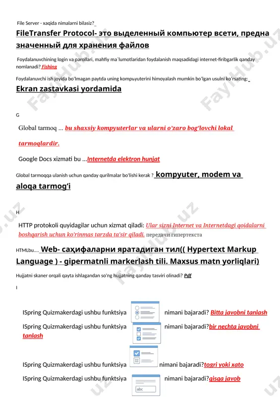 di?qisqa javob ispring quizmakerdagi ushbu funktsiya nimani bajaradi?sonli javob ispring quizmakerdagi ushbu funktsiya nimani bajaradi? qisqa javob ispring quizmakerdagi ushbu funktsiya nimani bajaradi?ketma ketlik ispring quizmakerdagi ushbu funktsiya nimani bajaradi?bir biriga togri kelishi ispring quizmakerdagi ushbu funktsiya nimani bajaradi? tashlab ketilgan joylarni toldirish ispring quizmakerdagi ushbu funktsiya nimani bajaradi?royxatda tanlash ispring quizmakerdagi ushbu funktsiya nimani bajaradi?sozlarni joylashtirish ispring quizmakerdagi ushbu funktsiya nimani bajaradi?titulniy slayd ispring quizmakerdagi ushbu funktsiya nimani bajaradi?foydalanuvchining anketasi ispring quizmakerdagi ushbu funktsiya nimani bajaradi?qollanma ispring quizmakerdagi ushbu funktsiya nimani obyektlarni joylashtirish bajaradi? ispring talkmasterdagi ushbu funktsiya nimani bajaradi?senariy rasimqoyish 19.ispring talkmasterdagi ushbu funktsiya nimani bajaradi? rasim qoyiw 20.ispring quizmaker-da qora nuqta nimani anglatadi?shu javob togri ekanligini 21. ispring quiz makerda qaysi test turi tasdiqning to’g’riligini baholash uchun ishlatiladi togri yoki notogri? 23.ispring quiz makerda qaysi test turi bir tanlovli test tuzish uchun ishlatiladi?bir tanlovli test 24. ispring quiz makerda ko’p tanlovli test turini ko’rsating 25. ispring quiz …