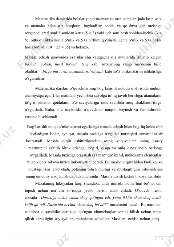 lib qoʻndi. daraxtda nechta chumchuq boʻldi?" masalasini tuzadi. bu masalani echishda oʻquvchilar daraxtga qoʻngan chumchuqlar sonini bilish uchun nima qilish kerakligini oʻylaydilar, muhokama qiladilar. masalani echish uchun aniq izchillikda muhokama yuritish va tushuntirish bilan bolalar oʻz fikrlarini matematika tilida aniq va bogʻlanishli bayon etishga oʻrganadilar. shunday qilib, matematika darslarida oʻqituvchi bolalar lugʻatini boyitish, turli xil gap, bogʻlanishli nutq va bayon, muhokama elementi mavjud boʻlgan hikoya tuzish ustida ishlaydi. oʻqituvchi matematika tili xususiyatlarini oʻzlashtirishga koʻmaklashish bilan bogʻliq holda, oʻquvchilar tafakkurini, nutqini oʻstiradi. oʻqituvchi matematik maz-mungagina emas, balki shu mazmunni oʻquvchilar nutqida toʻgʻri shakllantirishga ham e'tibor bersa, bu darslarda egallanadigan bilim haqiqiy va oʻquvchilar nutqining oʻsishi uchun samarali vosita boʻladi. ,,fikrni aniq shakllanlirishni talab qilish, masala shartini ongli takrorlatish, mustaqil masala tuzdirish va savollar yordamida inasalani echish yo 'lini tushuntirish ko 'nikmasi ustida ishlash o 'quvchilarda qayta hikoyalash, insho va muhokama qilish madaniyatini oʻstiradi"24. oʻquvchilar tabiatshunoslik darslarida va ekskursiya vaqtida koʻr-gan narsalarini …