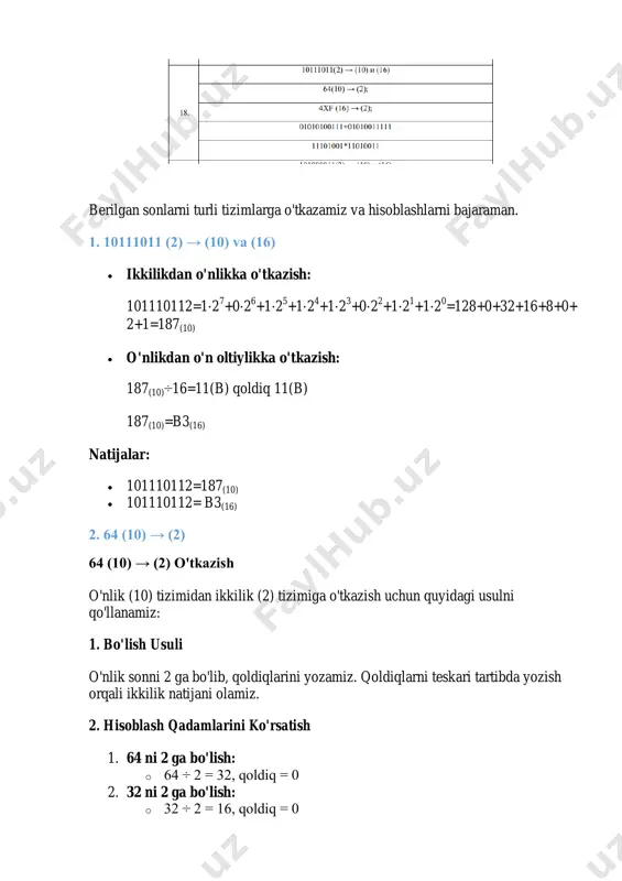 1199 ni 2 ga bo'lish: o 1199 ÷ 2 = 599, qoldiq = 1 2. 599 ni 2 ga bo'lish: o 599 ÷ 2 = 299, qoldiq = 1 3. 299 ni 2 ga bo'lish: o 299 ÷ 2 = 149, qoldiq = 1 4. 149 ni 2 ga bo'lish: o 149 ÷ 2 = 74, qoldiq = 1 5. 74 ni 2 ga bo'lish: o 74 ÷ 2 = 37, qoldiq = 0 6. 37 ni 2 ga bo'lish: o 37 ÷ 2 = 18, qoldiq = 1 7. 18 ni 2 ga bo'lish: o 18 ÷ 2 = 9, qoldiq = 0 8. 9 ni 2 ga bo'lish: o 9 ÷ 2 = 4, qoldiq = 1 9. 4 ni 2 ga bo'lish: o 4 ÷ 2 = 2, qoldiq = 0 10. 2 ni 2 ga bo'lish:  2 ÷ 2 = 1, qoldiq = 0 11. …