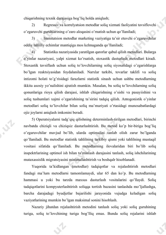 agi ma’lum metodlarni tamomlamaydi, ular 65 dan ko’p. bu metodlarning hammasi u yoki bu tarzda maxsus dasturlash vositalarini qo’llaydi. soliq tadqiqotlarini kompyuterlashtirish soliqqa tortish bazasini tanlashda mo’ljallashga, barcha darajadagi byudjetlar bajarilishi jarayonida vujudga keladigan soliq vaziyatlarining mumkin bo’lgan maksimal sonini hisoblash. nazariy jihatdan rejalashtirish metodini tanlash soliq yoki soliq guruhining turiga, soliq to’lovchining turiga bog’lliq emas. bunda soliq rejalarini ishlab chiqishdan avval qo’yilgan maqsad muhim hisoblanadi. amaliy jihatdan u yoki bu soliqlarni rejalashtirish metodini tanlash soliq majburiyatining texnik jixozlanganligi va ishchilarning malakasi darajasiga bog’liq. davlat soliq xizmatini informatizatsiyalash tizimi 1997 yilda shakllandi va barqaror faoliyatda yuritilmoqda. ijobiy natijalarga soliq xizmati tarkibiy qismlarini avtomatlashtirishning informatsion-mantiqiy modellarini qo’llash bilan erishildi. hozirda davlat soliq xizmatida qo’llanilayotgan “soliq” avtomatlashtirilgan informatsion tizimlari quyidagi vazifalarni bajaradi: · soliq xizmati faoliyatining tezligini ta’minlaydi; · soliq to’lovchilar hisoblari bo’yicha ma’lumotlarning ishonchliligi va nazorat faoliyatlarining natijalarining ishonchliligini oshiradi; · soliq va buxgalteriya xisobotlarini yaxshilaydi; · soliq tushumlari dinamikasining chuqurlashtirilgan …
