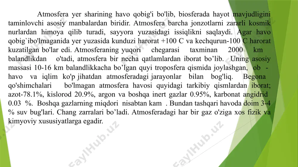 uni ko’rsatadiki, aqsh va yaponiyada atmosferani ifloslantiruvchi manbalar ichida avtotransport vositalari oldingi o’rinda turadi. xorijiy mamlakatlar atmosferasini ifloslantiruvchi gazlar ichida is gazi, uglevodorodlar va azot oksidlari barcha tajovuzkor gazlarning 60-70% ini tashkil qilsa, respublikamizda bu ko’rsatkich 35 foizni, ayrim shaharlarda (andijon, buxoro, samarqand, toshkent) esa 80 foizni tashkil qiladi. atmosfera havosi bitmas-tugalmas resurslar kategoriyasiga kiradi. ammo, insonlarning xo’jalik faoliyati atmosferaga ta’sir ko’rsatadi va uning tarkibini o’zgartirib yuboradi. bunday o’zgarishlar ko’pincha shunday katta va turg’un ahamiyatga egaki, uni himoya qilish choralarini ko’rishga to’g’ri keladi. transport vositalari va sanoat korxonalari sonining yildan-yilga ko’payib borishi, turli yonilg’ilardan foyda­lanish, shuningdek, o’rmonlarning kamayishi, okean suvla­rining neft mahsulotlari bilan ifloslanishi, yadro qurollarining portlatilishi natijasida atmosferadagi kislo­rod miqdori keskin kamayib, karbonat angidridi va azot oksidlari miqdorining o’shishi kuzatilmoqda. 13 uglerodning aylanma harakatining buzilishi va atmosferada co2 ni yig’ilishi yerdagi kimyoviy muvozanatga katta ta’sir ko’rsatadi. atmosfera havosi asosan yonilg’i resurslaridan foydalanish ko’lamining o’sishi hisobiga ifloslanadi. hozirgi kunga kelib …