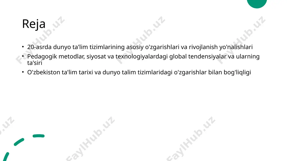 stan ta'lim tarixiga ta'siri. ta'lim tizimlarining global o'zgarishi 20-asrda dunyo bo'ylab ta'lim tizimlari yangi pedagogik yondashuvlar, texnologik inqiloblar va siyosiy islohotlar bilan rivojlandi, bu esa ta'lim sifatini oshirdi. xalqaro ta'lim standartlari dunyo bo'ylab ta'lim standartlari va sertifikatlar kengayib, muvofiqlashtirilgan, bu esa mamlakatlararo hamkorlik va talabalarning imkoniyatlarini kengaytirdi. o'zbekistonga ta'siri 20-asr davomida xalqaro ta'lim tendensiyalari mamlakatimizda pedagogik metodlar va ta'lim siyosatiga ta'sir ko'rsatib, rivojlanish uchun yangi imkoniyatlar yaratdi. tarixiy o'zgarishlar va imkoniyatlar o'zbekiston ta'lim tarixida global tendensiyalar bilan bog'liq asosiy bosqichlar va yangi texnologiyalar integratsiyasi mamlakatning ta'lim sifatini oshirishga xizmat qilmoqda. dunyo ta'lim siyosatidagi global o'zgarishlar va ularning ta'lim tizimiga ta'siri. 1 ta'lim siyosatidagi o'zgarishlar dunyo bo'ylab ta'lim siyosatlari 20-asrda markaziy o'rin oldi, ularning maqsadi iqtisodiy rivojlanish va inson kapitalini shakllantirish edi. bu siyosatlar ta'lim tizimlarining kengayishi va modernizatsiyasiga turtki berdi. 2 global tendensiyalar va standartlar yevropa, amerika va osiyo mamlakatlari ta'lim standartlarini yagona platformaga olib kelishga intildi. bu jarayon xalqaro …