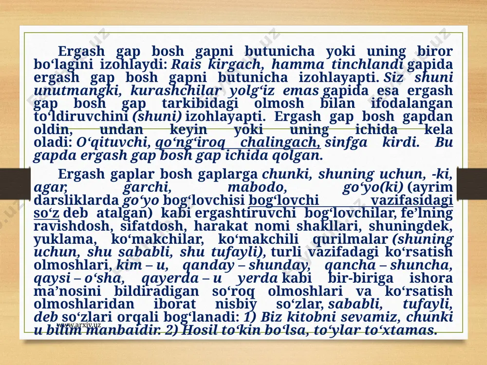 adi. havo ochildi-yu, harorat sezilmadi. ba’zan zidlik mazmunini kuchaytirish uchun zidlov bog‘lovchisi va bu vazifada qo‘llangan -u(-yu)yuklamasi birga ishlatiladi: kechasi qor yog‘di-yu, lekin havo unchalik sovimadi. yozuvda zidlov bog‘lovchilaridan oldin, yuklamalardan keyin vergul qo‘yiladi. 3) ayiruv munosabatli bog‘langan qo‘shma gaplar va ularda vergulning ishlatilishi. bunday ishlardagi sodda gaplar o‘zaro ayiruv bog‘lovchilari – goh…goh, yoki…yoki, ba’zan…ba’zan, dam…dam, yohud…yohud yordamida bog‘lanadi. ayiruv bog‘lovchili bog‘langan qo‘shma gaplar voqea-hodisalarning galma-gal bo‘lishini yoki ulardan biri bo‘lishini ifodalaydi: goh osmonni tutib ashula yangrar, goh allaqayerdan garmon tovushi eshitilib qolar edi. takrorlanib qo‘llangan ayiruv bog‘lovchilarining ikkinchisidan oldin vergul qo‘yiladi, ayiruv bog‘lovchilar yakka qo‘llansa, tinish belgisi qo‘yilmaydi. www.arxiv.uz 4) inkor munosabatli bog‘langan qo‘shma gaplar. bunday gaplar qismlari o‘zaro na inkor yuklamasi orqali bog‘lanadi va orasiga vergul qo‘yiladi: na suv bor, na biron yemish qolibdi. 5) bo‘lsa, esa so‘zlari yordamida bog‘langan qo‘shma gaplar. bunday gaplarda qiyoslash va zidlash munosabatlari mavjud bo‘ladi: otabek sukutda, o‘zbek oyim bo‘lsa boshi bilan “shundog’” …