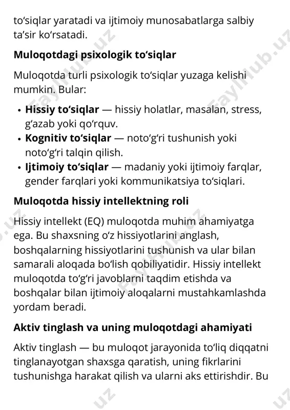 1. hurmat va xurmat qilish muloqotda eng muhim masala — bu hurmatdir. har bir inson o'z fikrlarini erkin bildirish huquqiga ega bo'lishi kerak, lekin bu boshqalarga nisbatan hurmatni saqlagan holda amalga oshirilishi lozim. masalan, boshqalarni eshitish, ularning fikrlarini baholash va ularga hurmat ko'rsatish kerak. 2. halollik va so'zda to'g'rilik muloqotda so'zlarimiz va harakatlarimiz halol va to'g'ri bo'lishi zarur. yolg'on gapirish, aldamchi xatti- harakatlar insonlarga zarar yetkazishi mumkin. halollik va to'g'rilik, muloqotni aniq va samimiy qilishga yordam beradi. 3. xolislik va adolat muloqotda xolislikni ta'minlash va har bir tomonning fikrini e'tiborga olish kerak. adolatli bo'lish, har bir shaxsni teng hisoblash va ular bilan hurmatli muloqot qilish muhimdir. bu, ayniqsa, kelishmovchiliklar yoki bahslar yuzaga kelganda, o'zini namoyon qiladi. 4. empatiya empatiya — bu boshqalarning his-tuyg'ularini tushunish va ular bilan birga his qilish qobiliyatidir. muloqotda empatiya o'rnatish, boshqalarning nuqtai nazarini hurmat qilish va ularga yordam ko'rsatish axloqiy jihatdan muhimdir. 5. gizlilik va shaxsiy …