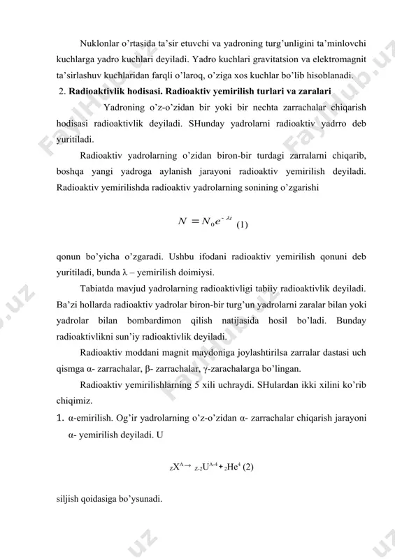 m qo’shni yadroni parchalashi mumkin bo’lgan neytronlarni chiqarishi mumkin. natijada bo’linayotgan yadrolar soni kesin ortib ketib, o’zini-o’zi davom ettiruvchi reaksiya yuzaga keladi. ushbu reaksiyaga zanjir yadro reaksiya deyiladi. yadrolarning bo’linishi boshqariladigan reaksiya amalga oshiriladigan qurilma yadro reaktori deyiladi. yadro reaktori: yadro yoqilg’isi, neytronlarning sekinlatgichi, reaktor ishlaganda ajraladigan issiqlikni olib ketuvchi issiqlik eltuvchi (suv, suyuq natriy) va reaksiya tezligini rostlovchi qurilma. juda yuqori temperaturalarda yengil yadrolarning qo’shilish reaksiyasi termoyadro reaksiyasi deyiladi. termoyadro reaksiyasi yuz berishi uchun yadrrolar 10-15 m masofaga, ya’ni yadro kuchlari ta’sir doirasiga tushishlari shart. termoyadro reaksiyalari sintez reaksiyalari yoki termoyadro sintezi deyiladi. hozirgi vaqtda dunyoning ko’pgina davlatlarida boshqariluvchi termoyadro reaksiyasini amalga oshirish ishlari amalga oshirilmoqda. bo’linish reaksiyasini yadro reaktorlarida boshqarilgani kabi, boshqariladigan termoyadro reaksiyasini amalga oshirish ancha murakkab masaladir. yadroviy nurlanishlar. yadroviy nurlanishlarni qayd qilish. tezlatgichlar radioaktiv moddalarning nurlanish barcha tirik organizmlarga kuchli ko’rsatadi. nurlanishning biologik ob’ektlarni nobud qiluvchi ta’sirining mohiyati hali yetarlicha o’rganilmagan. tirik organizmlarga nurlanishning ta’siri …