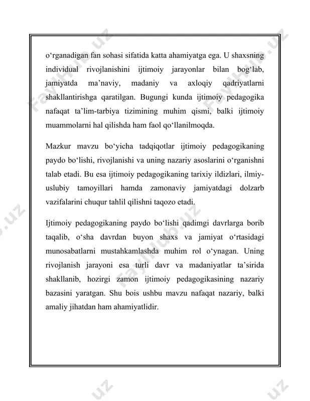 nsonning hayotida qanday muhim o‘rin tutishini va uning jamiyatga qo‘shadigan ijtimoiy hissasini tahlil qildi. xx asrda ijtimoiy pedagogika sohasida bir qancha yirik olimlar ish olib bordilar. amerika qo‘shma shtatlarida jon dyu, fransiyadagi emil durkheim va germaniyadagi georg kerschensteiner kabi olimlar ijtimoiy pedagogikaning nazariy asoslarini rivojlantirishga katta hissa qo‘shdilar. ijtimoiy pedagogika yildan-yilga rivojlanib, ijtimoiy muammolarni hal etishda muhim ahamiyat kasb eta boshladi. bugungi kunda ijtimoiy pedagogika jamiyatdagi turli xil ijtimoiy guruhlar bilan ishlashda, ularni qo‘llab-quvvatlashda va ijtimoiy adolatni ta'minlashda samarali usul va dasturlarni taklif qiladi. ijtimoiy pedagogika bugungi kunda juda ko‘p qirralarni o‘z ichiga oladi va faqat maktab yoki ta'lim muassasalarida emas, balki kengroq jamiyatda, hattoki oilaviy va mahalliy darajada ham tatbiq etiladi. uning ijtimoiy inklyuziya, ijtimoiy xizmatlar, notijorat tashkilotlari va mahalliy hamjamiyatlar bilan ishlashdagi o‘rni juda katta. ijtimoiy pedagogikaning zamonaviy namoyandalari jamiyatdagi tengsizliklar, ijtimoiy inklyuziya, muhojirlar va qochqinlar bilan ishlash kabi masalalarga yechim topishda faol ishtirok etmoqdalar. shu bilan birga, …