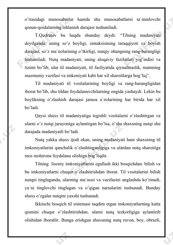 shdan iborat. oddiy o’qiganda o’quvchi uchun yozma nutq mazmuni bilan tanishuvning o’zi maqsad qilib qo’yiladi. ilmiy o’qishda o’quvchi asarni tahlil qilishni, undan boshqa maqsad uchun foydalanishni, uning mazmunini qayta bayon qilish kabilarni maqsad qilib qo’yadi. o’qituvchining o’quvchilar bilan muloqoti va nutqiy faoliyati. kelajak avlodni tarbiyalashda o’qituvchi mas`ul hisoblanadi. uni kamol topishida o’qituvchining dunyoqarashi ongi, madaniyati, nutqi belgilovchi vositalar sanaladi. o’qituvchilik kasbi yuksak ma`naviyatni, insonparvarlikni, xohlaydi. o’quvchilarga ta`lim-tarbiya berishda muallimning nutqi katta rol` o’ynaydi. shuning uchun uning nutqi hamma vaqt g’oyaviy yuksak, ravon, yumshoq, dilkash bo’lishi lozim. nutqda va ishda subutsizlik o’qituvchi uchun noloyiqdir. har bir nutq bolalarning yosh xususiyatlarini, bilimi va tushunchasini nazarda tutib tuzilishi shart. shu bilan birga o’qituvchining nutqi yosh avlod ko’z oldida uni o’rab olgan moddiy va ma`naviy dunyoning yangi qirralarini ochib berishni maqsad qilib qo’yadi. o’qituvchining nutqi ta`lim va tarbiya berishning asosidir. o’qituvchining nutqi imkoni boricha sintaktik jihatdan sodda, jozibador, ta`sirchan tuzilishi lozim. har qanday bilim …