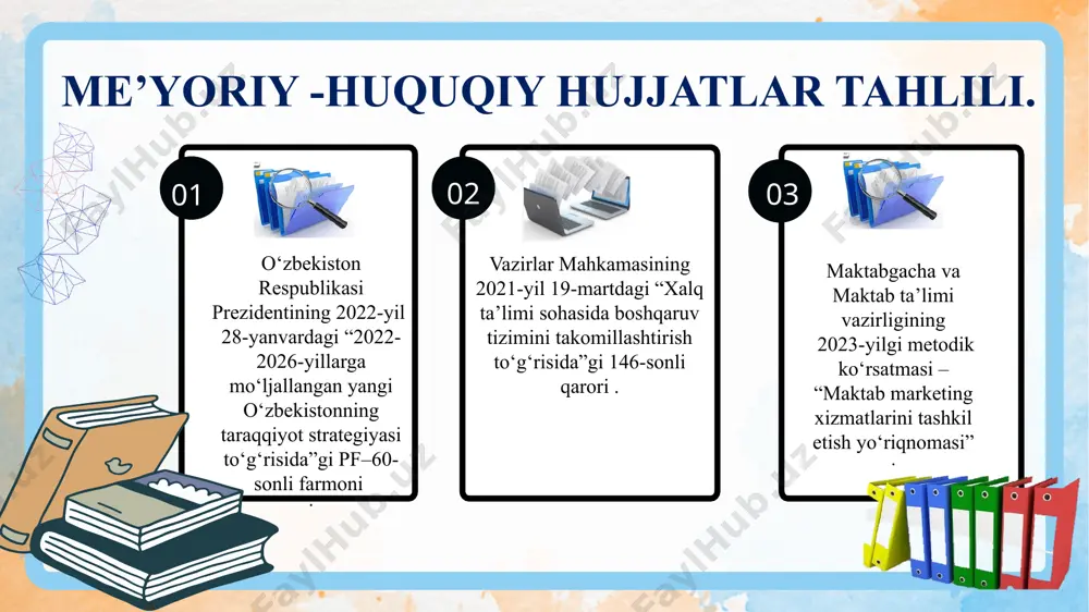 b qiladi. ota-onalar bilan doimiy aloqalar, ular uchun seminarlar va ta’limga oid maslahatlar orqali maktablar o‘z xizmatlarini yanada kengroq targ‘ib qiladi. ota-onalar yig‘ilishlarini maktabning ilm-fan va ta’lim-tarbiya sohasidagi yutuqlarini keng targ‘ib qiladigan “yarmarkalar” shaklida ko‘rgazmali qilib tashkil etish. qiyosiy tahlil etilganligi. xulosa maktabda marketing xizmatini tashkil etish- ta’lim sifati, jamoatchilik ishonchi va maktab obro‘sini oshirishga xizmat qiladi. bu xizmat orqali maktab o‘z faoliyatini targ‘ib etadi, ochiqlik va hamkorlikni kuchaytiradi hamda raqobatbardosh muhit yaratadi. taklif maktablar o‘z xizmatlarini faqat ta’lim sifatini yuqori darajada taqdim etish orqali emas, balki pedagogik yondashuvlar, innovatsion texnologiyalar va akademik dasturlar orqali targ‘ib qilishni yo‘lga qo‘yish,va o‘z imdjini yaratish. o‘z xizmatlarini keng jamoatchilikka taqdim etishda reklama kompaniyalari va boshqa vizual media tarmoqlaridan foydalanish. hamkorlik o‘rnatish va reklama materiallarini tayyorlash. . № muammo muammoni bartaraf etish mexanizmi mas’ullar muddati natija 1. maktabning shaxsiy imidji yo‘qligi. - mavjud resurslarni tahlil qilish, mavjud imkoniyatlarni o‘rganish; - ichki monitoring tizimi (indikatorlar, …