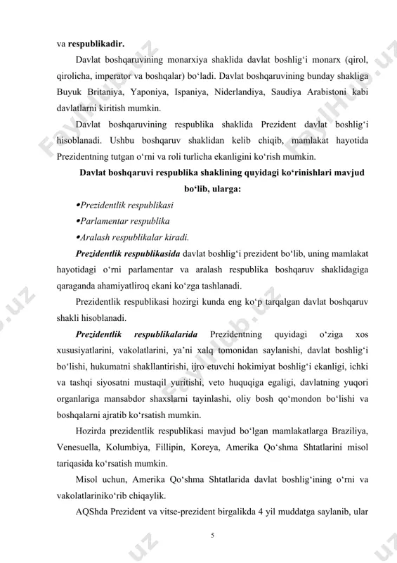 prezidentlik respublikasi mavjud bo‘lgan mamlakatlarga braziliya, venesuella, kolumbiya, fillipin, koreya, amerika qo‘shma shtatlarini misol tariqasida ko‘rsatish mumkin. misol uchun, amerika qo‘shma shtatlarida davlat boshlig‘ining o‘rni va vakolatlarini ko‘rib chiqaylik. aqshda prezident va vitse-prezident birgalikda 4 yil muddatga saylanib, ular bu mansabda ikki muddatdan ortiq o‘tirishlari mumkin emas (faqat istisno tariqasida ikkinchi jahon urushi davrida f. ruzvelt uchinchi marta prezident etib saylangan). prezident davlat boshlig‘i bo‘lishi bilan bir qatorda ijroiya hokimiyatning boshlig‘i bo‘lib ham hisoblanadi. prezident parlament tomonidan qabul qilingan qonunlarni (10 kun muddat ichida) imzolashga yoki ularni o‘zining e’tirozlari bilan rad etish huquqiga ega. prezident parlamentning yuqori palatasi bo‘lgan senat bilan kelishgan holda yuqori lavozimlarga mansabdor shaxslarni tayinlaydi. aqsh prezidentining tashqi siyosatni olib borishdagi vakolatlari birmuncha keng bo‘lib, u elchilarni, boshqa vakil qilingan shaxslarni, konsullarni tayinlash va chaqirib olish, xalqaro shartnomalar tuzish, xalqaro darajadagi masalalarni hal qilish kabi huquqlarga ega. aqsh konstitutsiyasiga asosan prezident hech qanday organga bo‘ysunmaydi. u o‘z …