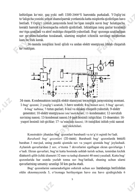(35-rasm). barabanli bug‘ qozonlarda temirli baraban 3 mavjud, uning pastki qismida suv va yuqori qismida bug‘ joylashadi. aylanish quvurlaridan 2 suv, o‘txona 7 devorlarini egallagan ekran quvirlariga 1 o‘tadi. ekran quvurlari, bug‘ni katta bosimda ushlab turish uchun, temirdan kichik diametrli qilib (ichki diametri 32 mm va tashqi diametri 40 mm) yasaladi. katta bug‘ qozonlarida har soatda yuzlab tonna suv bug‘latiladi, shuning uchun ularni quvurlarining umumiy uzunligi 50 km gacha etadi. bug‘ qozonlarini samaradorligini oshirish uchun suv barabaniga berilishdan oldin eknomayzerda 5, o‘txonaga berilayotgan havo esa havo qizdirgichda 6 6 isitiladi. barabandan chiqayotgan bug‘ qozonlarda suv va suv-bug‘ qorishmasi ularning zichliklar hisobiga tabiiy aylanadi (30-rasm). bug‘ni harorati va bosimi ortishi bilan suv-bug‘ zichliklari farqi kamayadi va aylanishi yomonlashadi. 35-rasm. barabanli bug‘ qozonining ishlash sxemasi to‘g‘ri oqimli bug‘ qozonlari (36-rasm). to‘g‘ri oqimi bug‘ qozonlarida baraban yo‘q. suv va bug‘ aylanishi nasoslar orqali amalga oshiriladi. suv isitgich 3 orqali, quvurlarga 1 o‘tadi va …