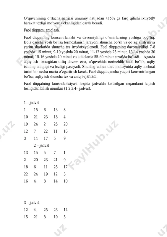 ko’rsatkich (jadval) o’quvchining o’rtacha natijasi umumiy natijadan ±15% ga farq qilishi ixtiyoriy harakat tezligi me’yorda ekanligidan darak beradi. faol diqqatni aniqlash. faol diqqatning konsentrlanishi va davomiyliligi o’smirlarning yoshiga bog’liq. bola qancha yosh bo’lsa tormozlanish jarayoni shuncha bo’sh va qo’zg’alish miya yarim sharlarida shuncha tez irradatsiyalanadi. faol diqqatning davomiyliligi 7-8 yoshda 15 minut, 9-10 yoshda 20 minut, 11-12 yoshda 25 minut, 13-14 yoshda 30 minut, 15-16 yoshda 40 minut va kattalarda 55-60 minut atrofida bo’ladi. agarda aqliy ish keragidan ortiq davom etsa, o’quvchida notinchlik hosil bo’lib, aqliy ishning aniqligi va tezligi pasayadi. shuning uchun dars mobaynida aqliy mehnat turini bir necha marta o’zgartirish kerak. faol diqqat qancha yuqori konsentrlangan bo’lsa, aqliy ish shuncha tez va aniq bajariladi. faol diqqatning konsentratsiyasi haqida jadvalda keltirilgan raqamlarni topish tezligidan bilish mumkin (1,2,3,4– jadval). 1 – jadval 1 15 6 13 8 10 21 23 18 4 19 24 2 25 20 12 7 22 …