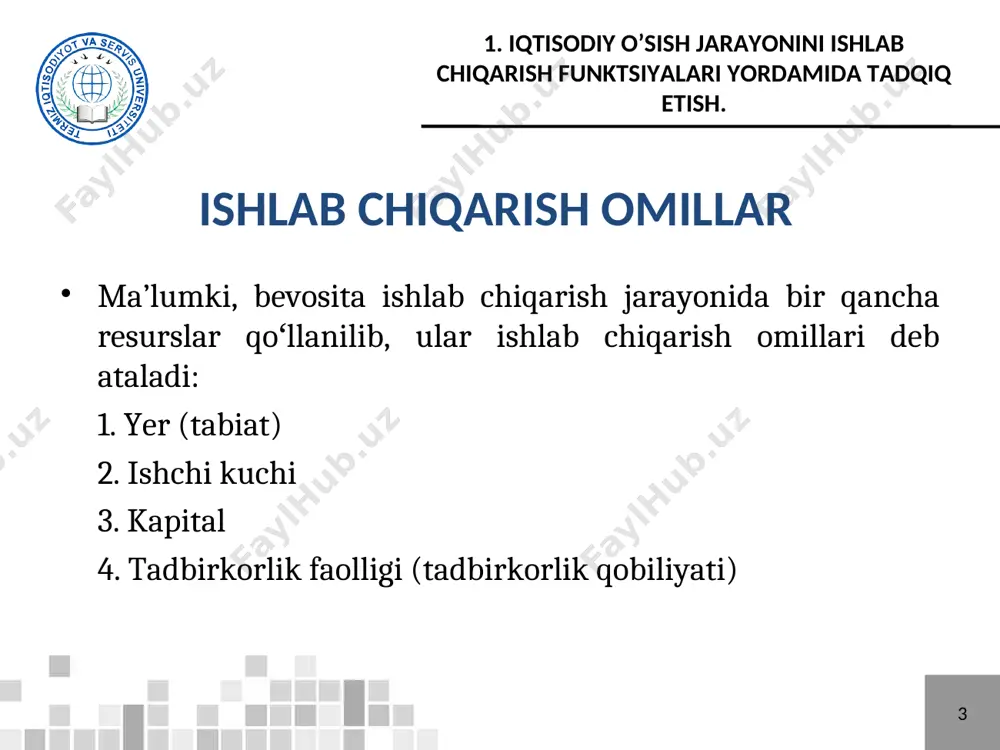 arda surxondaryo viloyatida amalga oshirilgan qurilish ishlari hajmi va unga ta’sir etuvchi omillar 1. iqtisodiy o’sish jarayonini ishlab chiqarish funktsiyalari yordamida tadqiq etish. 2 kobb-duglas ishlab chiqarish modelini baholash 2. ishlab chiqarish funktsiyalarining xarakteristikalari. 2 yozib olamiz 2. ishlab chiqarish funktsiyalarining xarakteristikalari. 2 kapital qiytimi yozib olamiz 2. ishlab chiqarish funktsiyalarining xarakteristikalari. 2 mehnat unumdorligi yozib olamiz 2. ishlab chiqarish funktsiyalarining xarakteristikalari. 2 chekli kapital qaytimi yozib olamiz 2. ishlab chiqarish funktsiyalarining xarakteristikalari. 3 chekli mehnat unumdorligi 2. ishlab chiqarish funktsiyalarining xarakteristikalari. 3 chekli texnologik almashinish me’yori 2. ishlab chiqarish funktsiyalarining xarakteristikalari. 3 2. ishlab chiqarish funktsiyalarining xarakteristikalari. 3 mehnatning fond bilan qurollanishi 2. ishlab chiqarish funktsiyalarining xarakteristikalari. 3 surxondaryo viloyati qurilish sanoati samaradorlik ko’rsatkichlari 2. ishlab chiqarish funktsiyalarining xarakteristikalari. 3 mehnatning fond bilan qurollanishi 2. ishlab chiqarish funktsiyalarining xarakteristikalari. 3 elastiklik koeffitsiyentlari 2. ishlab chiqarish funktsiyalarining xarakteristikalari. 3 izokvanta va izoklinal izokvanta bo‘yicha kapital va mehnatning turli hil uyg‘un …