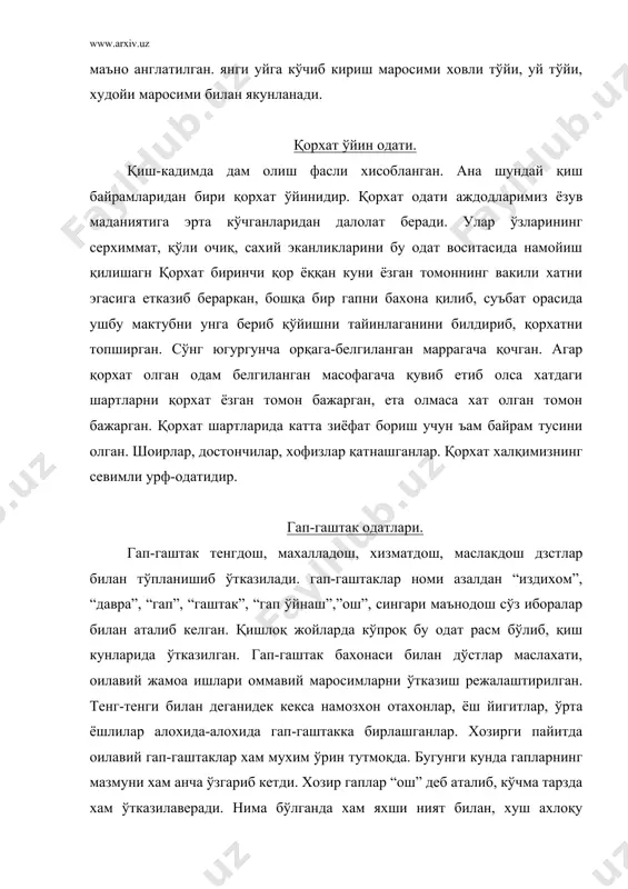 дабиётлар: 1. махмуд саттор “ўзбек удумлари” “фан” нашриёти - 1993йил 2. х.исмоилов “ўзбек тўйлари” “ўзбекистон” - 1992 йил. 3. www.ziyonet.uz 4. www.pedagog.uz