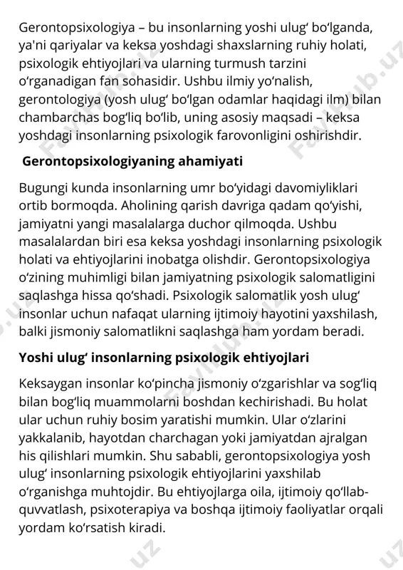 o‘llab- quvvatlash, psixoterapiya va boshqa ijtimoiy faoliyatlar orqali yordam ko‘rsatish kiradi. qariyalarda psixologik o‘zgarishlar keksalikda psixologik o‘zgarishlar tabiiy ravishda yuzaga keladi. ba'zida bu o‘zgarishlar yengil va ko‘rinmas bo‘lishi mumkin, ammo ba'zan ular jiddiy psixologik muammolarga olib kelishi mumkin. yoshi ulug‘ insonlar ko‘proq uyqu buzilishlari, xotira muammolari va kayfiyatning pasayishi bilan duch kelishadi. shuningdek, ular ko‘pincha depressiya va bezovtalikni boshdan kechiradilar. bunday holatlar gerontopsixologiyaning dolzarb mavzularidan biri hisoblanadi. keksalik va stress keksalik davrida insonlar turli xil stresslarga duch keladilar. bular jismoniy muammolar, oila a'zolari bilan munosabatlar, jamiyatdagi o‘z o‘rnini topish kabi stresslarni o‘z ichiga oladi. stress gerontopsixologiyada keng o‘rganiladigan masala bo‘lib, bu holatlar keksalarning psixologik salomatligini jiddiy ravishda ta'sir qilishi mumkin. stressni boshqarish usullari, psixoterapiya va meditatsiya kabi yondashuvlar bu borada juda muhimdir. yoshi ulug‘ insonlar uchun ijtimoiy qo‘llab-quvvatlash gerontopsixologiyaning asosiy yo‘nalishlaridan biri – bu ijtimoiy qo‘llab-quvvatlashning roli. yoshi ulug‘ odamlarning psixologik salomatligi uchun oila, do‘stlar va jamiyatning qo‘llab-quvvatlashi katta ahamiyatga …
