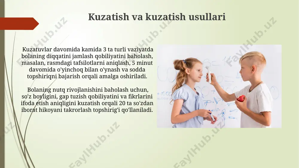 bolaning mustaqillik darajasi, o‘z-o‘zini boshqarish ko‘nikmalari va muloqot qobiliyatlarini baholovchi 10 balldan iborat shkala qo‘llanilishi mumkin. bolalarning ijtimoiy-emotsional rivojlanish darajasini aniqlash uchun 3-5ta turli vaziyatlarni o‘z ichiga olgan rol o‘yinlari va suhbat usullari samarali. mayda va qo'pol motorika rivojlanishini baholash bolaning grafomotor ko'nikmalarini tekshirishda, uning chizmalaridagi shakllar, ranglar va chiziqlarning aniqligi, shuningdek, qo'lning nozik harakatlari va yozuv ko'nikmalarini rivojlanish darajasi 1 dan 5 gacha ball bilan baholanadi. mayda motorika ko'nikmalarini baholashda, masalan, 5 yoshli bolaning qog'ozga chizish, qaychi bilan kesish, tugmalarni bog'lash kabi vazifalarni bajarishdagi tezligi va aniqligi kuzatiladi. bolaning maktabga tayyorligini baholashning umumiy tamoyillari aniq natijalar olish uchun kamida 2 ta mustaqil mutaxassis tomonidan baholash o‘tkazilishi va 70% dan yuqori mezonlarga javob berishi kerak. bolaning maktabga tayyorligini baholashda yondashuvlarning ko‘p qirrali ekanligi va kamida 3 ta asosiy sohani (kognitiv, ijtimoiy-emotsional, jismoniy) qamrab olishi zarur. o'z-o'zini boshqarish ko'nikmalarini baholash o'z-o'zini tarbiyalash ko'nikmalarining rivojlanishini baholash uchun "rojdestvenskiy" metodikasi qo'llanilib, unda 6 …