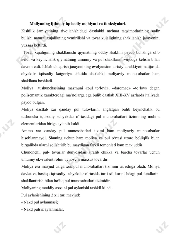hisob kitoblari bilan biralikda xarakat qiladi. real pul oborotlarini asosiy obyektlari bulib kengaytirilgan takror ishlab chiqarish jarayonini molilashtirishning asosiy manbai bulgan moliyaviy resurslar hisoblanadi. pul muneosabatlarining aloxida shakli sifatida moliya quyidagi xarakterli belgilarga ega: - pul munosabatlari xarakteridan iborat. - taqsimlash xarakteridan iborat. - fondli xarakterdan iborat. demak, moliya- yalpi ichki mahsulot va milliy daromadni taksimlanishi jarayonida markazlashtirilgan va markazlashtirilmagan pul fondlarini shakllantirish, taqsimlanish va ulardan foydalanish jarayonidagi pul munosabatlarini o‘zida aks ettiradi. 1.2. moliyaning asosiy funksiyalari. moliyaning mohiyati uning funksiyalarida namoyon buladi. funksiya obyekt ichki mohiyatining konkret shaklini namoyon bulish jarayonidir. moliyaning ishtirokisiz milliy daromadni taqsimlash mumkin bulmaydi. moliyaviy resurslarni usishining bosh shart sharoiti- bu milliy daroadni ustirishdir.moliya- milliy daromadni xosil bulishi va undan foydalanish o‘rtasidagi ajralmas boliqlikni ta’minlovchi bo‘\indir. moliyaning ta’siri natijasida ishlab chikarish jarayonidagi taksimlash va iste’mol jarayonlari obyektiv xarakter kasb etadi. moliya takror ishlab chiqarish jarayonining aniq sohasini aks ettirib bazis kategoriyalariga xosdir. o‘zining moddiy mazmuniga …