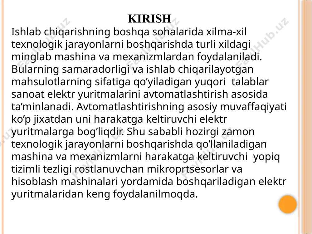ab etmoqda. avtomatlashtirishning asosiy muvaffaqiyati ko’p jixatdan uni harakatga keltiruvchi elektr yuritmalarga bog’liqdir. shu sababli ushbu kurs loyihamda hozirgi zamon texnologik jarayonlarni boshqarishda qo’llaniladigan mashina va mexanizmlarni elektr mexanik tizimlarda energiya samaradorlikka erishish va chastota o’zgartkichning elektr yuritmalarida qo‘llanilishida energiya samardorlikka erishish mumkinligini angladim. foydalanilgan adabiyotlar 1. гульков г.и., петренко ю.н., раткевич е. системы автоматизированного управления электроприводами. учебное пособие. – м.: новое знание, 2004. 2. ким д.п, теория автоматического управления. т.2. многомерные, нелинейные, оптимальные и адаптивные системы. в 2-х тт т:2. – м.: физматлит, 2004. 3. москаленко в.в. системы автоматизированного управления электропривода. учебник. – м.: инфра-м, 2004. 4. саидахмедов с.с. автоматик бошқариш назариясида замонавий услублар. ўқув қўлланма.– т: тдту, 1997. – 30 б. 5. саидахмедов с.с. электр юритмаларни автоматик бошқариш тизимлари фани бўйича тест саволлари тўплами. 1 қисм. – т: тдту,1997. 6. хашимов а.а., саидахмедов с.с. исследование замкнутых систем автоматического регулирования на tsвм: методические указания к лабораторным работам по курсу …