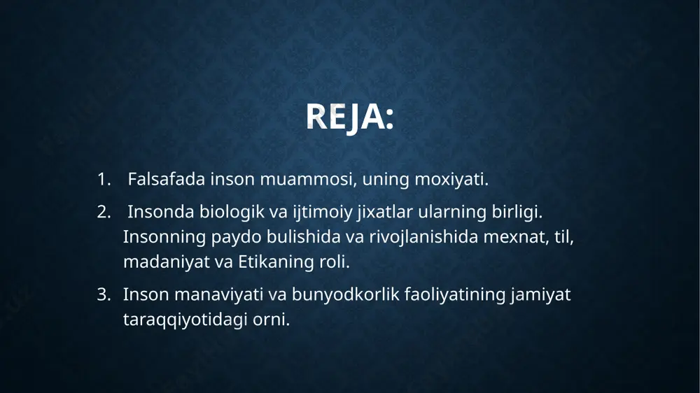 v olamda sodir bolgan yoki bolayotgan xodisalar, ularning umumlashmalari asosida inson tushunchalari, ongi, fikri shakllanadi. odamni xayvondan ajratib turadigan eng asosiy tafovutlardan biri xulqdir. bu farq yuqorida korsatib otilgan tafovut – ongning mavjudligi bilan chambarchas boglik.odam xulqi ong yordamida boshqariladi,lekin uning shakllanishida tabiiy omillar,instinktlar,biologik extiyojlar rolini mutlaqo inkor kilish xaqiqatdan koz yumish bolur edi. tabiat kuchlariga qarshi kurash urug va qabiladagi barcha azolarning birlashishini takazo qilar edi. mexnat va istemol kollektiv xarakterga ega bolgani uchun jamoa etikai xam kollektiv xarakterda edi.mexnat jarayonida odamlardagi iroda, ozaro yordam singari tuygular tarbiyalanar va rivojlanar edi. mexnat jarayonida shakllangan etikaning odamlar orasidagi munosabatlarni tartibga solishi oqibatida xaqiqiy kishilik jamiyati vujudga keldi. bu jamiyatda mexnat faqat oziq-ovqat, kiyim- kechak topish vositasigina bolib kolmasdan, tarbiyaning xam qudratli vositasiga aylandi. ilmiy-texnika inqilobi davrida odamdagi biologik va ijtimoiy sifatlar birligining yangi kirralari namoyon bola boshladi. malumki, minglab yillik tarix odamning boshka turdagi mavjudotlarga nisbatan moslashuvchanligi kuchlirok ekanini korsatdi. …