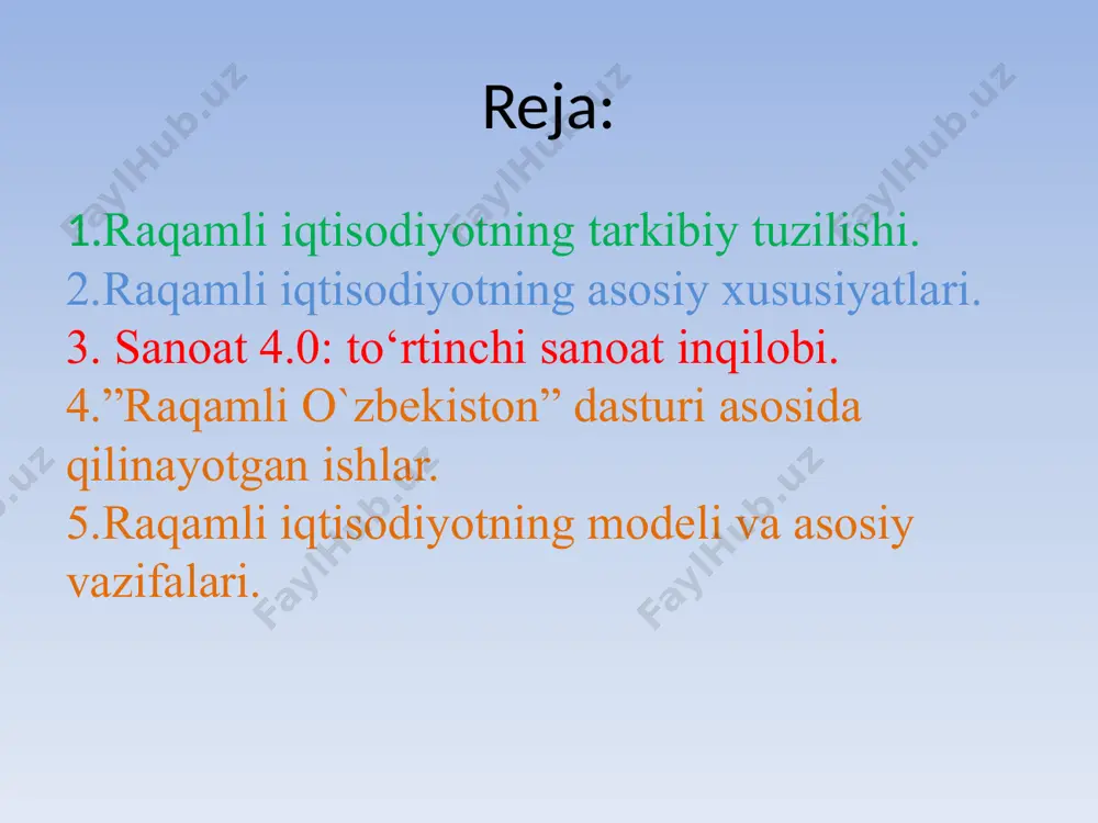 . 12 raqamlashtirish-dan olingan samara turdosh tarmoqlarda ish o’rinlar sonining 3-5 barobar o’sishi mehnat unumdorligi o’sishi kichik va o‘rta biznesning o‘sish sur’ati ortishi jinoyatchilik darajasining qisqarishi qashshoqlik qisqarishi va inklyuzivliylik ortishi atrof muhitga salbiy ta’sirning pasayishi moliyaviy servislar ochiqligining ortishi tibbiy xizmat ko‘rsatish ochiqligi va sifatining ortishi ommaviy xizmat ko‘rsatish narxining pasayishi va ochiqligining ortishi 1- rаsm. rаqаmlashtirishdan olingan samara 13 raqamli iqtisodiyotning ijtimoiy afzalliklari afzalliklari arof muhitga ijobiy ta’siri ta’lim qiymatining arzonlashishi va hammabop ta’limning shakllanishi hammabop tibbiyot kambag’allikning qisqarishi moliyaviy operatsiyalar va davlat xizmatlaridan faoydalanaish qulayligi 14 raqamli iqtisodiyotning iqtisodiy afzalliklari afzalliklari bqtisodiy o’sishning tezlashishi yondosh tarmoqlarda qo’shimcha ish o’rinlarining yaratilishi ishlab chiqarish xarajatlarining qisqarishi mehnat unumdorligining ortishi kichik va o’rta biznesning rivojlanishi jahon bozoriga mahsulotning chiqarish raqamli iqtisodiyotning iqtisodiyotga ta’siri raqamli iqtisodiyot sharoitida mahsulotlarni izlash xarajatlari keskin kamayadi (chunki istalgan ma’lumotni online qabul qilish offline qabul qilishdan osonroq) raqamli iqtisodiyotda mahsulotlarni tashish va ular to‘g‘risidagi ma’lumotlarni tarqatish …