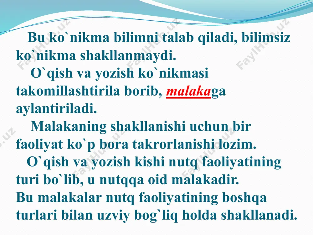 i to`g`ri yozishga, harfni harfga qo`shib so`z va gaplarni to`g`ri yozishga o`rgatish. 3. imlo qoidalariga rioya qilib, savodli yozishga o`rgatish. 4. o`quvchilarning lug`at boyligini va nutqini o`stirish. 5.bolalarga axloq-odob, vatanga muhabbat, mehnatsevarlik kabi tarbiyalarni singdirish. bu vazifalar savod o`rgatish davrida alifbe va va yozuv darslarida amalga oshiriladi. e’tiboringiz uchun rahmat! /docprops/thumbnail.jpeg