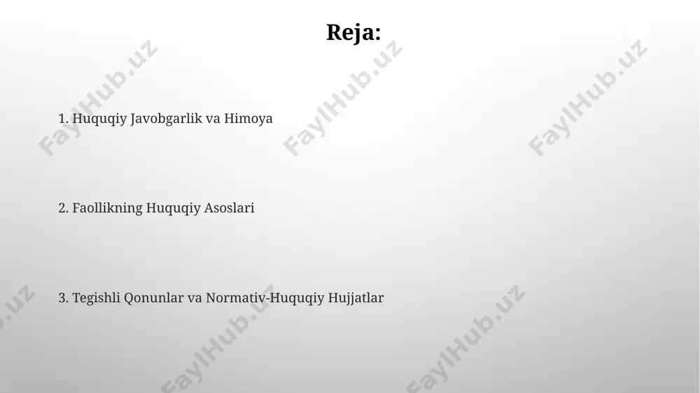 fuqarolarning huquqiy savodxonligini oshiradi. xalqaro huquq normalari халқаро шартномалар, 1945 йилдан кейинги 2000 дан ортиқ битимлар каби, халқаро ҳуқуқ нормаларининг асосий манбалари ҳисобланади ва улар давлатларнинг ўзаро мажбуриятларини белгилайди. халқаро ҳуқуқ нормалари давлатлар ўртасидаги 50 дан ортиқ муносабатларни, жумладан, дипломатик иммунитет ва ҳудудий яхлитлик каби муҳим тушунчаларни тартибга солади. vazirliklar va idoralarning normativ-huquqiy aktlari vazirliklar va idoralarning normativ-huquqiy aktlari o‘zbekiston respublikasi konstitutsiyasi va qonunlariga muvofiq qabul qilinadi va ularning bajarilishi majburiy hisoblanadi. 2023-yil 1-yanvar holatiga ko‘ra, 5000 dan ortiq kuchga ega bo‘lgan vazirliklar va idoralar normativ-huquqiy aktlari qayd etilgan. qonun hujjatlari “qonun hujjatlari” tizimi foydalanuvchilarga elektron raqamli imzo (eri) orqali hujjatlar bilan ishlash imkoniyatini beradi, bu esa hujjatlarning xavfsizligini ta'minlaydi. “qonun hujjatlari” milliy huquqiy axborot tizimi 100 000 dan ortiq hujjatlarni o'z ichiga oladi, bu esa qonun hujjatlari bilan ishlash samaradorligini sezilarli darajada oshiradi. faollikning huquqiy asoslari faollikning huquqiy asoslari o‘zbekiston respublikasining konstitutsiyasi va 30 dan ortiq qonun hujjatlari, jumladan, …