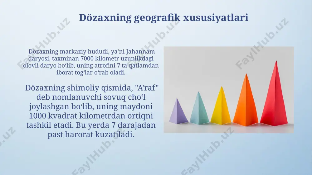 tavsiflanadi va bu, kosmik sovuqlikka o'xshash sharoitlarni yaratadi. azoblarning intensivligi oʻrta asrlardagi ba'zi diniy matnlarga koʻra, azoblarning intensivligi 2000 yil davomida asta-sekin 15% ga kuchayishi mumkin, bu esa rim imperiyasi davri bilan solishtirganda juda katta o'sishni ko'rsatadi. azoblarning intensivligi, masalan, jahannamning 7 darajasiga boʻlinganligiga koʻra, har bir daraja uchun 1000-5000 gradus selsiy harorat oraligʻida oʻzgarib turishi mumkin, bu esa ba'zan bag'doddagi cho'lda o'lchangan haroratdan ham yuqori. masofa birliklari do'zaxda do'zaxning ajdarho darvozasidan (taxminiy koordinatalari: 66°33′s 130°0′e) qora ko'lga (taxminiy masofa 5000 kilometr) bo'lgan masofani o'lchash uchun, geografik koordinatalardan va sferik geometriyadan foydalanish kerak. do'zaxning eng chuqur nuqtasining chuqurligi 6666 kilometr deb taxmin qilinsa, uni yerning radiusi bilan solishtirish mumkin. bu esa, do'zaxning astronomik o'lchamlarini tasavvur qilishga yordam beradi. e'tiboringiz uchun rahmat @taqdimot_robot image4.png image5.jpg image6.jpg image7.jpg image8.jpg image9.jpg image10.jpg image11.jpg image12.jpg image13.jpg image14.jpg image15.jpg image16.jpg image3.jpeg
