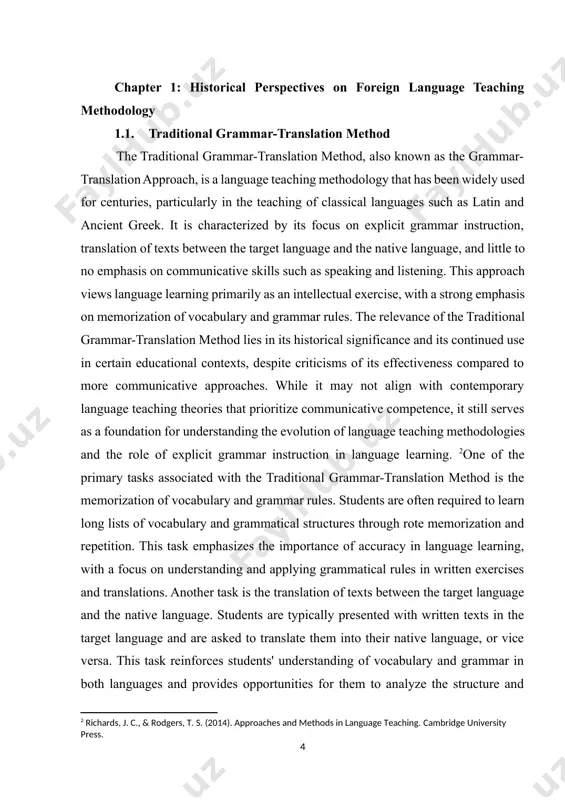 re communicative approaches. while it may not align with contemporary language teaching theories that prioritize communicative competence, it still serves as a foundation for understanding the evolution of language teaching methodologies and the role of explicit grammar instruction in language learning. [footnoteref:2]one of the primary tasks associated with the traditional grammar-translation method is the memorization of vocabulary and grammar rules. students are often required to learn long lists of vocabulary and grammatical structures through rote memorization and repetition. this task emphasizes the importance of accuracy in language learning, with a focus on understanding and applying grammatical rules in written exercises and translations. another task is the translation of texts between the target language and the native language. students are typically presented with written texts in the target language and are asked to translate them into their native language, or vice versa. this task reinforces students' understanding of vocabulary and grammar …