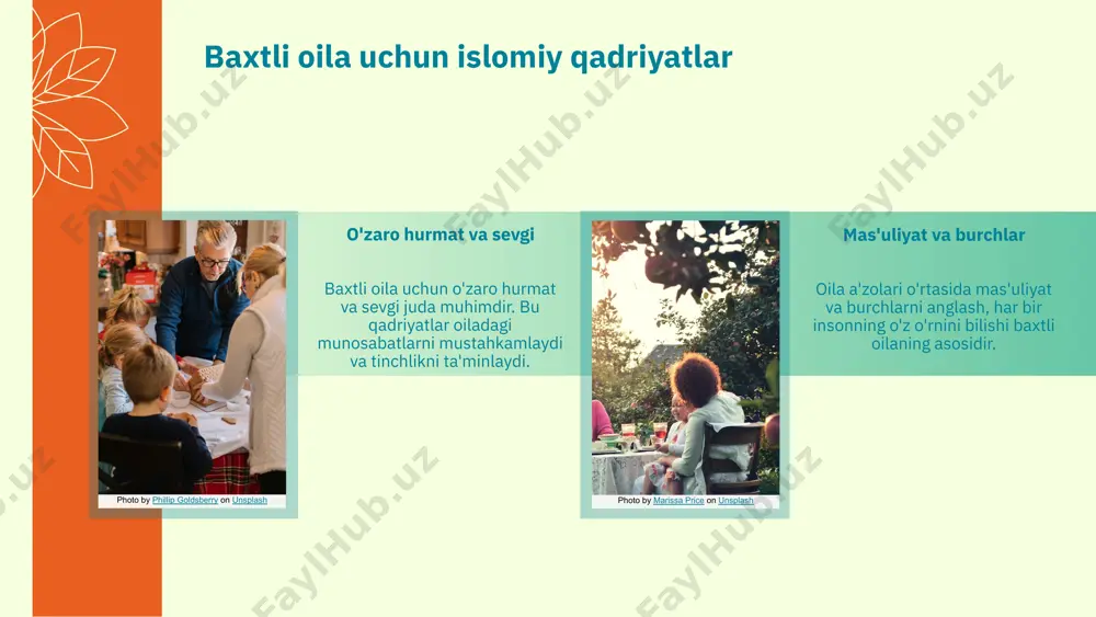 jamiyat bilan o'zaro bog'lanishda asos bo'ladi. qadriyatlar va oilaviy muhit qadriyatlar oilaviy muhitni yaxshilaydi, o'zaro hurmat va mehrni oshiradi. bu, oila va jamiyat o'rtasidagi munosabatlarni mustahkamlashga xizmat qiladi. photo by jayden staines on unsplash photo by jessica rockowitz on unsplash qadriyatlar nazariyasining asosiy tamoyillari shayx muhammad sodiqning tamoyillari shayx muhammad sodiqning qadriyatlar nazariyasida oilaning ahamiyati muhimdir. oila, jamiyatdagi eng asosiy tuzilma sifatida, qadriyatlarni shakllantiradi. oilaviy hayotga ta'siri tamoyillar oilada axloqiy qadriyatlarni mustahkamlashga yordam beradi. bu, o'z navbatida, oila a'zolari o'rtasidagi munosabatlarni yaxshilaydi. tamoyillarni amaliyotga tatbiq etish ushbu tamoyillarni kundalik hayotga tatbiq etish orqali oilaviy munosabatlarni mustahkamlash mumkin. buning uchun aniq yo'nalishlar belgilash zarur. misollar: real hayotdagi holatlar kundalik hayotda ushbu tamoyillarni qo'llab-quvvatlovchi misollar keltirilishi mumkin. oila ichidagi muammolarni hal qilishda bu tamoyillar muhim rol o'ynaydi. qadriyatlar va oilaviy munosabatlar qadriyatlarning roli qadriyatlar oilaviy munosabatlarni shakllantiradi va mustahkamlaydi. ular sevgi, hurmat va o'zaro yordamga asoslangan aloqalarni rivojlantiradi. bu qadriyatlar oila a'zolari …
