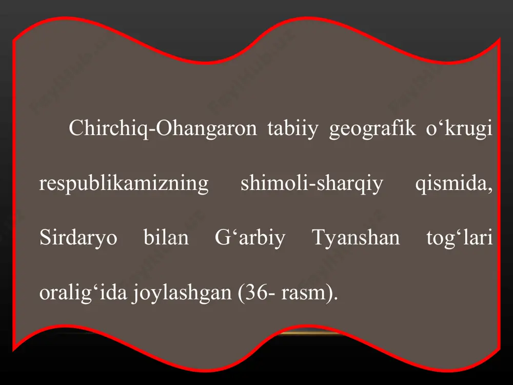g eng muhimlari qorjontov, ugom, piskom, ko‘ksuv, chandalash, chatqol tizmalari hisoblanadi. chirchiq-ohangaron okrugining eng g‘arbida ugom tizmasi joylashib, talas olatovidan manas cho‘qqisi (4484 m) yaqinidan janubi g‘arbga qarab davom etadi. uning eng baland sayram cho‘qqisi 4236 m. ugom tizmasining janubi g‘arbida qorjontov joylashgan. undagi mingbuloq cho‘qqisining balandligi 2834 m. ugom va qorjontovlarning shimoli-g‘arbiy yonbag‘irlari yotiq va keng, janubi-sharqiy yonbag‘irlari tik va qisqa. ugom tog‘ining sharqida unga parallel holda piskom tizmasi joylashgan. uning eng baland cho‘qqisi — beshtor 4299 m. piskom tog‘ining janubi sharqida, chatqol daryosi bilan ko‘ksuv daryosi orasida ko‘ksuv tog‘i joylashgan. piskom tog‘ining janubi sharqida chatqol tizmasi joylashgan. chatqol tizmasidan shimoli g‘arbga qarab kichik chimyon va katta chimyon (3309 m) tog‘lari, janubi g‘arbga qarab esa qurama tog‘i ajralib chiqadi. uning eng baland boboiob cho‘qqisi 3769 metrga yetadi. qurama tog‘ining qamchiq dovoni (2267 m) dan farg‘ona vodiysiga tunnel orqali avtomobil va temiryo‘llari o‘tkazilgan (36- rasm). chirchiq-ohangaron okrugi xilma-xil foydali qazilmalarga …