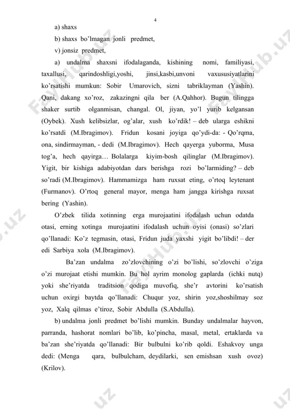 hi, izohlovchilar qo’shilib keladi: hoy yaxshi qiz, qiz, yaqinroq kel, bir-ikki og’iz so’z so’zlayin (h.olimjon). (nega o’qituvchingiz ko’rinmaydi, azizim shamsiya) deb so’radi (m.ismoiliy). sharqqa nur beruvchi , ey o’zbekiston, ulug’ oilada topding sharafshon! (t.to’la). porlagan yuz, yashnagan ko’z, botir qiz! komsomolda chechak kabi ochding yuz (h.olimjon). b) undalma boshqa undalmalar orqali izohlanadi. bu holda shaklan uyishgan undalmalar vujudga kelib, so’ngi undalmalar birinchi, asosiy undalmani izohlaydi: (yashagil, traktorim, quyoshim, nonim, boshimga oltindan qo’yding chambarak, yashagil, mehnatim, quvvatim, jonim, ilk tong otardan berolding darak (g’.g’ulom). misolda asosiy undalma traktorim, qolgan undalmalar uni izohlaydi. v) shaxs, predmetning tashqi yoki ichki belgisiga ko’ra ta’riflanadi; bunday undalmalar orqali so’zlovchining ma’lum shaxs, predmetga modal munosabati ham ifodalanadi: o’n to’qqizdan oshmay tur go’zal (h.olimjon). xalq kesadi yo’rtqich kallasin, la’nat senga, trumenchi jallodlar! (islom shoir). andak sabr eting, do’stim, men sizga ba’zi voqealarni so’zlay... (oybek). xo’sh, ahvollar qalay, jangchi o’rtoqlar (yashin). bu xil undalmalar ko’pincha otlashgan so’zlar bilan …