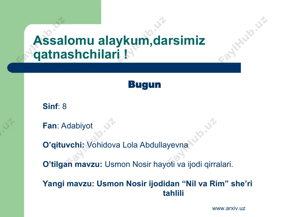 atning tabarruk, muqaddas dargohida anvoyi bir chamandir, sira xazon bo‘lmaydigan mo‘‘jiza bog‘ yaratib ketdi». abdulla oripov, 1983. www.arxiv.uz www.arxiv.uz www.arxiv.uz www.arxiv.uz www.arxiv.uz www.arxiv.uz usmon nosir haqiqiy ismi: usmonxon mamatxo’ja o’g’li; hijriy 1279 inchi sichqon yilida,aqrab oyining 22 nchi kunidan 23 inchi kuniga o’tar kechasi dunyoga keldi. www.arxiv.uz www.arxiv.uz 1-shart: “aqliy hujum”da sinf o’quvchilari 2 guruhga bo’linib, shoirning hayoti va ijodiga oid bittadan faktga izoh so’raydilar: www.arxiv.uz www.arxiv.uz “yurak” she’ri: yurak,sensan mening sozim, tilimni nayga jo’r etding ko’zimga oyni berkitding, yurak,sensan ishqibozim senga tor keldi bu ko’krak, sevinching toshdi qirg’oqdan, tilim charchar,ajab, gohi seni tarjima qilmoqdan www.arxiv.uz www.arxiv.uz “yurak” she’ri davomi: sen ey,sen-o’ynoqi dilbar, zafardan izla yoringni to’lib qayna,toshib o’yna, tirikman,kuyla boringni. itoat et! agar sendan vatan rozi emas bo’lsa, yoril,chaqmoqqa aylan sen yoril! mayli,tamom o’lsam!.. www.arxiv.uz www.arxiv.uz shunday qilib,uy ishi bo’yicha xulosalar: sovuq magadanning olovqalb qurboni www.arxiv.uz usmon nosir qisqa umr,barakali ijod sonetni kuyga solgan ijodkor 6-7 yillik ijod samarasi …