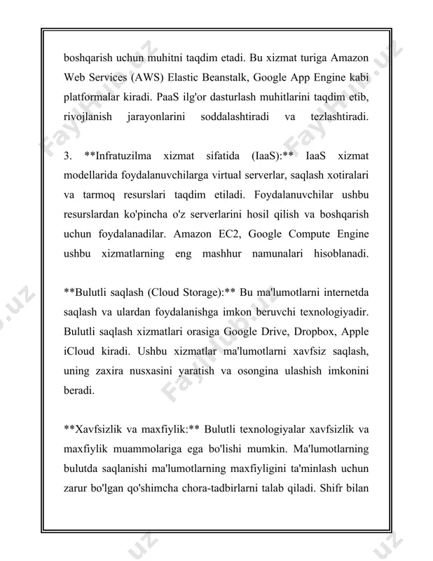 s xizmatlariga misol bo‘lib, ular dunyo bo‘ylab millionlab foydalanuvchilar uchun qulaylik yaratadi. microsoft office 365, masalan, 2023 yilning birinchi choragida 345 million foydalanuvchiga xizmat ko‘rsatgan. bulutli texnologiyalarning afzalliklari orasida moslashuvchanlik, tejamkorlik, kengayish imkoniyati va xavfsizlikni keltirish mumkin. statistika ma'lumotlaridan kelib chiqib, 2023 yiliga kelib korxonalarning qariyb 94% o‘z xizmatlarida bir yoki bir nechta bulutli xizmatdan foydalanmoqda. bulutli xizmatlardan foydalanish orqali korxonalar it xarajatlarini 30% ga qisqartirish imkoniyatiga ega bo‘lganlar. taqdimot dasturlari hozirda asosan bulut orqali xizmat ko‘rsatadi. microsoft powerpoint, google slides va prezi kabi dasturlar taqdimot yaratishda keng qo‘llaniladi. google slides bulutga asoslangan platforma bo‘lib, foydalanuvchilarga har qanday joydan va har qanday qurilmadan taqdimotlarni yaratish va tahrirlash imkonini beradi. prezi esa o‘zining dinamik va interaktiv prezentatsiyalari bilan mashhur bo‘lib, foydalanuvchilar soni 2023 yilida 100 milliondan oshgan. statistik ma'lumotlarga ko‘ra, microsoft powerpoint hali ham eng ommalashgan taqdimot dasturi hisoblanib, unda yaratilgan taqdimotlarning global bozor ulushi 60% ni tashkil etadi. google slides …