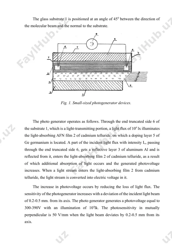 which is a light-transmitting portion, a light flux of 104 lx illuminates the light-absorbing afn film 2 of cadmium telluride, on which a doping layer 5 of ge germanium is located. a part of the incident light flux with intensity io, passing through the end truncated side 6, gets a reflective layer 3 of aluminum al and is reflected from it, enters the light-absorbing film 2 of cadmium telluride, as a result of which additional absorption of light occurs and the generated photovoltage increases. when a light stream enters the light-absorbing film 2 from cadmium telluride, the light stream is converted into electric voltage in it. the increase in photovoltage occurs by reducing the loss of light flux. the sensitivity of the photogenerator increases with a deviation of the incident light beam of 0.2-0.5 mm. from its axis. the photo generator generates a photovoltage equal to 300-390v with an illumination …
