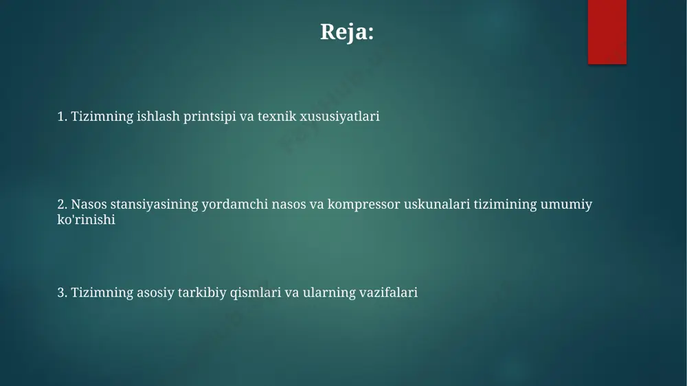 avlik tizimlarning ishlashini va suv oqimining boshqarilishini ta'minlaydi, shuningdek, avtomatik boshqaruv tizimi orqali ishlash rejimini optimallashtiradi. yordamchi nasoslar suv ta'minoti tizimining uzluksiz ishlashini ta'minlash uchun 24/7 rejimida zaxira sifatida ishlaydi, ularning quvvati asosiy nasoslar quvvatining 50-70% ni tashkil etadi va 5-10 minut ichida ishga tushiriladi. avtomatik boshqaruv tizimi va xavfsizlik choralari tizimda 3 dan ortiq xavfsizlik sensorlari o'rnatilgan bo'lib, ular bosimning keskin pasayishi, oqimning to'xtashi yoki elektr ta'minotining uzilishi kabi favqulodda vaziyatlarni aniqlaydi va signal beradi. xavfsizlik choralari sifatida, nasoslarning har birida 2 ta mustaqil himoya tizimi mavjud bo'lib, ulardan biri haddan tashqari qizib ketishdan, ikkinchisi esa ortiqcha yuklanishdan himoya qiladi. avtomatik boshqaruv tizimi orqali nasoslarning 3 ta asosiy parametrlari (bosim, oqim tezligi, harorat) doimiy ravishda monitoring qilinadi va 5% dan ortiq og'ish kuzatilganda avtomatik o'chirish tizimi ishga tushadi. tizimning texnik xizmati va ta'miri nasos agregatlarining yog' moylash tizimini 6 oyda bir marta to'liq tekshiruvdan o'tkazish va kerak bo'lganda moy …