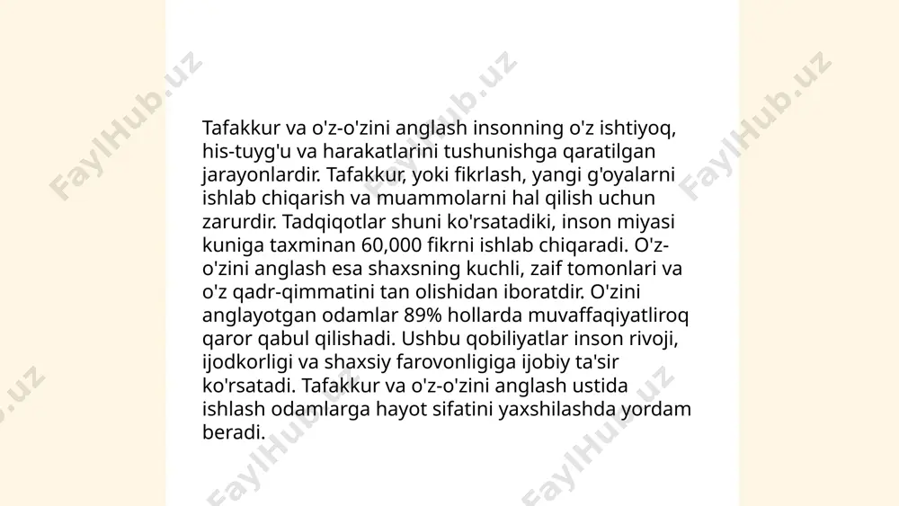 .. t.me/slaydai_bot tafakkur, yoki chuqur o‘ylash, insonning o‘z-o‘zini anglash va dunyoni tushunishida muhim rol o‘ynaydi. bu tafakkur jarayonida inson voqealarga va narsalarga yangicha yondashishni o‘rganadi. tafakkurning dolzarbligi zamonaviy davrda yanada muhimdir, chunki globalizatsiya va texnologiya taraqqiyoti insoniyat oldida yangi muammolarni keltirib chiqardi. tafakkur qilish qobiliyati kritikal fikrlashni, ya'ni hodisalarni mustaqil va yoruqlik bilan tahlil qilishni rivojlantiradi. dolzarb masalalarga to‘g‘ri yechim topish uchun yosh avlodni tafakkur qilishga o‘rgatish zarur. shu sababli, tafakkur madaniyatini rivojlantirish bugungi kunda har bir jamiyat uchun asosiy vazifalardan biri hisoblanadi. ... t.me/slaydai_bot 10. tafakkur va motivatsiya tafakkur va motivatsiya bir-biri bilan chambarchas bog'liq tushunchalardir. tafakkur insonning analitik va ijodiy fikrlash qobiliyatini ifodalaydi. u orqali inson maqsadlariga erishish uchun yo'nalishlar belgilaydi. motivatsiya esa insonni harakatga undaydigan ichki kuchdir. psixologlar ta'kidlashicha, kuchli motivatsiya 70% muvaffaqiyatga erishishni ta'minlaydi. tafakkur jarayonlarini rivojlantirish orqali motivatsiyani jadallashtirish mumkin. statistika ko'rsatkichlariga ko'ra, motivatsiyaga ega insonlar, har kuni 20-30 daqiqa tafakkurga vaqt ajratganida, o'z maqsadlariga …