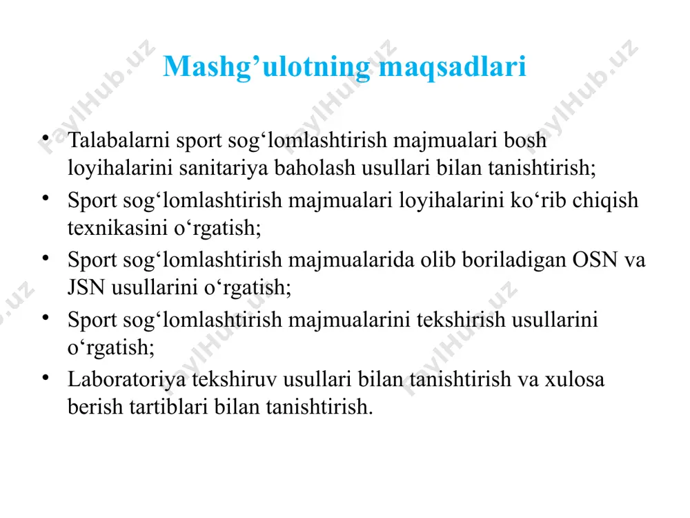 arga bo‘linadi. davomi stadionda quyidagi sport inshootlari bo‘lishi tavsiya etiladi: sport markazi yoki sport arenasi, tomoshabinlar uchun tribunalar, futbol o‘yini uchun mashg‘ulot maydoni, basketbol uchun maydon, voleybol uchun maydon, tennis va gimnastika bilan shug‘ullanish uchun maydon bo‘lishi kerak. sport inshootlarida suzish uchun basseynlar, tirlar va xokazo maskanlar bo‘lishi kerak. sporti yadrosida qo‘l tupi uchun ham maxsus joy bo‘lishi kerak. yangi pedagogik texnologiyalar stadionlar boks ringlari basseynlar yopiq sport majmualari gimnastika zallari nazorat savollari stadionlarning tribunalariga qo‘yiladigan gigienik talablar gimnastika zallarining yoritilganlik me'yorlari sun'iy basseyn suvlariga qo‘yiladigan talablar gimnastika zallarining shamollatilishi turlari sport majmualariga ajratilgan yer maydonlarining o‘lchamlari adabiyotlar “gigiena” demidenko n.m. taxriri ostida 2002 y “o’zbekiston respublikasida atmosfera xavoni muxofazalash va axoli salomatligi ” sh.t.iskandarova toshkent-2000 y kommunal gigiena amaliy mashg’ulotlar uchun qo’llanma” e.i. goncharuk moskva-1990y - “kommunal gigiena” sh. t.otaboyev, t.i. iskandarov, g.t. iskandarova tosh-2010 y - “inson va biosfera” sh. t.otaboyev, m.nabiyev - “gigiena” pod redaksey g.i. rumyansev. …