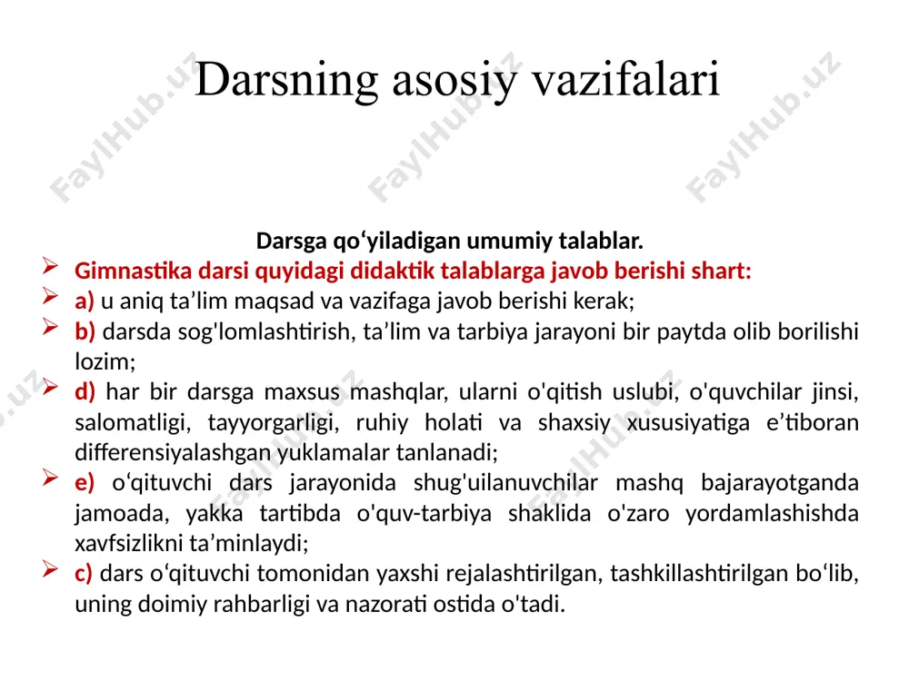 a ish qobiliyatini rivojlantirish. 2. shug'ullanuvchilarni yangi sport, saf va umumrivojlantirish mashqlari, harakat malakalarini shakllantirish va ko'nikma darajasiga ko‘tarish. o‘rganiladigan mashqlarni bajarish texnikasi va ularni bajarish to‘g‘risida yangi uslubiy ma’lumot beradi. 3. gimnastika mashg'ulotlari mehnatga, o'qishga. irodali bo'lishga. atrofdagilar va o'rtoqlariga xayrixohlikka faol va ongli munosabatda bo'lishni tarbivalaydi. darsning yakuniy qismi bu qismda darsni tugallash uchun quyidagi vazifalar qo'yiladi: 1. sportchi organizmining tez tiklanishiga ko'maklashish. asta-sekin jismoniy va fiziologik yuklamalartii susaytirish. darsda shiddatli va uzoq harakat faoliyati o'quvchilarni charchatadi, ularning ish qobiliyatini susaytiradi. agar mashg'ulotlar orasidagi vaqt bir kunga (24 soatdan ortiq) teng bo'lsa, organizmning barcha funksiyalari to'liq tiklanadi. agar bu oraliq bir necha soatdan iborat bo'lsa, navbatdagi dars o'quvchi organizmini to'liq tiklanmaslik cho'qqisiga to'g'ri kelishi mumkin. bunday holda kasallikka chalinmaslik uchun tez tiklanishni ta’minlaydigan choralar ko'rilishi lozim. darsning yakunlovchi qismida qo'yilgan vazifalarni yechish uchun quyidagi mashqlar turidan foydalanish mumkin: 1. tinchlantiruvchi mashqlar: yurish, sekin yugurish, silkinish, bo'sh yurish, uqalash. …