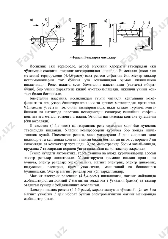 ярмо ва якор, яъни электр магнит киради. ижрочи қисмга–ташқи занжирга таъсир кўрсатадиган тизим киради. механик релеларда кириш х катталиги сифатида: тезлик, тезланиш, фазодаги силжиш ёки деформация ишлатилади. марказдан қочирма реле (4.4,а-расм) вални айланиш частотасига жавоб қайтаради. айланиш частотаси ортганда марказдан қочирма кучлар таъсиридан юкчалар ю узоқлашади ва ҳаракатчи муфта ҳм ўнгга силжийди, бу эса к контактни туташишига олиб келади. 4.4-расм. релеларга мисоллар иссиқлик ёки термореле, атроф муҳитни ҳарорати таъсиридан ёки чўлғамдан оқадиган токнинг қиздиришидан ишлайди. биметалли (икки хил металли) терморелени (4.4,б-расм) вақт релеси сифатида ёки электр занжир истеъмолчиларни ток бўйича ўта юкланишдан ҳимоя қилишликка ишлатилади. реле, иккита ясси биметалли пластинадан (тахтача) иборат бўлиб, бир учини ҳаракатсиз қилиб мустаҳкамлашади, иккинчи учини кон-такт билан боғлашади. биметалли пластина, иссиқликдан турли чизиқли кенгайиши коэф-фицентига эга, ўзаро ёпиштирилган иккита қатлам металлардан яратилган. чўлғамдан ўтаётган ток билан қиздирилганда, икки қатлам турлича кенга-йишади ва натижада пластина иссиқликдан кичикроқ кенгайиш коэффи-центига эга металл томонга эгилади. эгилиш натижасида контакт …