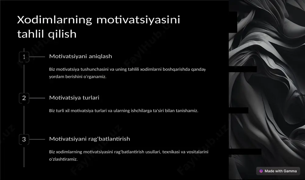 tlantirish va maqsadlarga erishish uchun ijobiy mustahkamlash usullarini o'zlashtiramiz. 2 o'z-o'zini rag'batlantirish o'z-o'zini rag'batlantirishning psixologik usullarini va ularning kundalik ishlarda qo'llanilishini o'rganamiz. 3 maqsadlilik biz psixologik sozlashning maqsadlarga erishishga ta'sirini muhokama qilamiz. rahbarning shaxsiyati va psixologik fazilatlarining roli etakchilik fazilatlari muvaffaqiyatli rahbar uchun muhim bo'lgan asosiy shaxsiy xususiyatlarni ko'rib chiqing. aloqa qobiliyatlari biz samarali muloqot ko'nikmalarini va ularning etakchilik uchun ahamiyatini o'rganamiz. muammolarni hal qilish ko'nikmalari qaysi psixologik ko'nikmalar menejerga muammolar va qiyinchiliklarni muvaffaqiyatli engishga yordam berishini aniqlaymiz. xulosa ongni boshqarishda psixologik omillar, insonlarning o'zlarini, boshqalarini va o'z jihatlarini tushunishiga va boshqarish usullarini belgilashga ta'sir qiladi. bu omillar motivatsiya, emotsiyalar, o'zini boshqarish qobiliyati, munosabatlar bilan murojaat qilish, stresni boshqarish kabi jihatlarni o'z ichiga oladi. ularning o'rganilishi va tushunilishi, insonlar bilan munosabatlarni kuchaytirishda, faol faoliyatni ta'minlashda, stres va qayg'uni kamaytirishda va o'zgarishlarni amalga oshirishda yordam berishi mumkin. psixologik omillar, boshqarishning amaliy tajribasi va texnikalarini o'rganishda juda muhimdir.