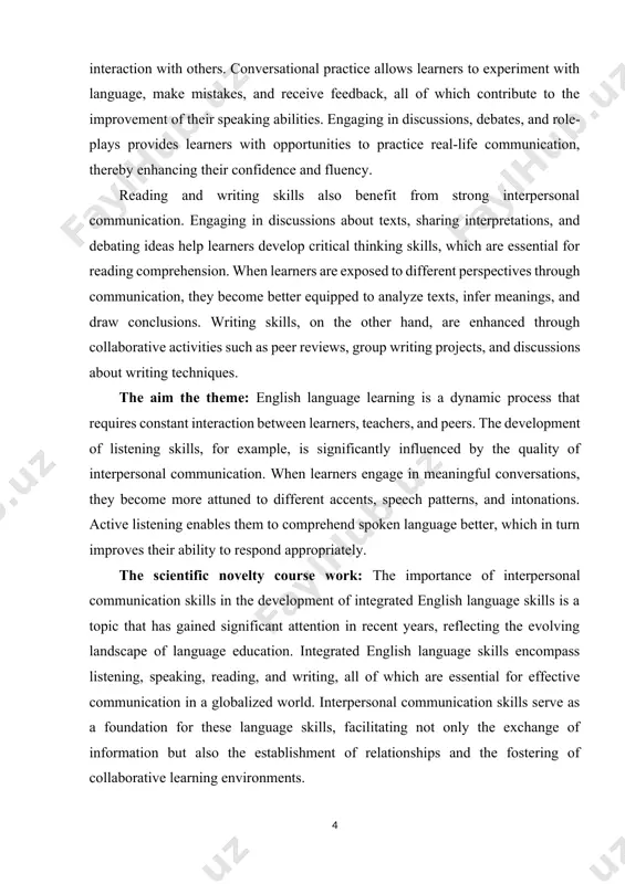 e acquisition processes. ii. main part 1 integrating language skills into the process of the english language teaching in general, integration is defined as the process of combining two or more things into one. within education, integrated lessons take on a similar meaning in that they combine two or more concepts into one lesson. these integrated units involve many different concepts across all major subject areas. integrated skills focuses on the four main english skills - reading, writing, speaking and listening - through a “communicative language teaching” methodology. new grammar patterns are learned in the context of a conversation or a real-life situation. students will engage in various activities to practice english including listening tasks, role playing, and stimulating discussions. perhaps teachers and administrators think it is logistically easier to present courses on writing divorced from speaking, or on listening isolated from reading. they may believe that it is instructionally …