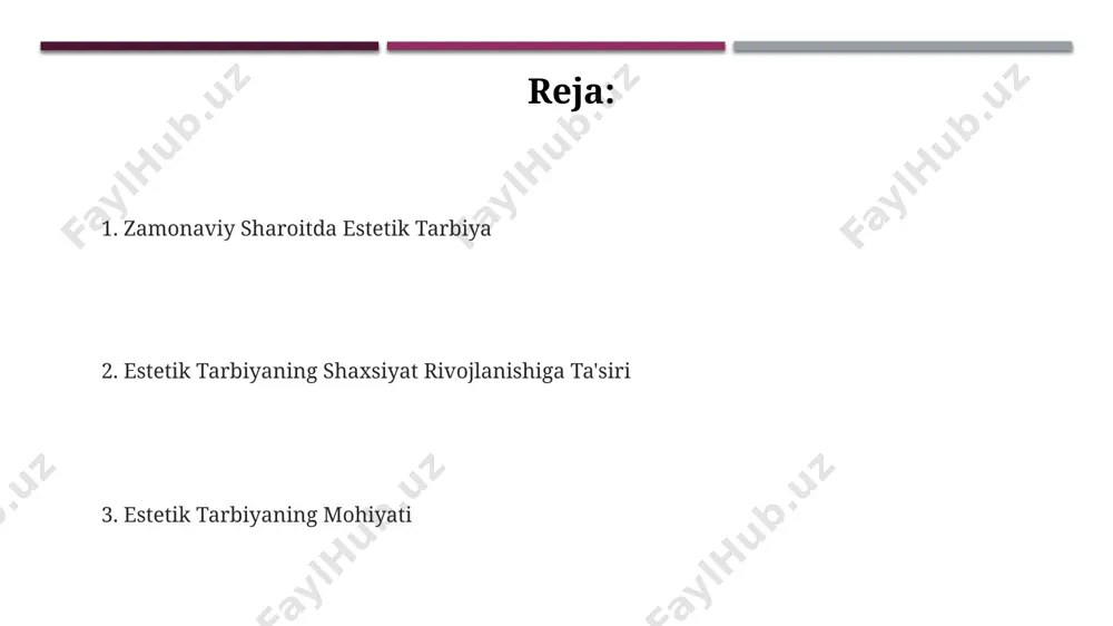 biya jarayoni bolaning 3 bosqichda – sensorli, emotsional va intellektual – rivojlanishini inobatga olgan holda amalga oshiriladi va uni atrof-muhitning go‘zalligi, san’at asarlari bilan tanishtiradi. estetik tarbiyaning mohiyati insonning 5 ta hissiy idrokini – ko‘rish, eshitish, hid bilish, ta’m bilish va teginishni rivojlantirish orqali go‘zallik va uyg‘unlikka bo‘lgan munosabatini shakllantirishdan iborat. estetik tarbiyaning samaradorligi 80% amaliy mashg’ulotlar va 20% nazariy bilimlarga asoslanadi, ya’ni, o'quvchilarni ijodkorlikka, o'z qo'llari bilan go'zallikni yaratishga undash orqali amalga oshiriladi. estetik tarbiyaning metodlari estetik tarbiyaning samarali usullaridan biri – 5 ta sezgi a’zolarini bir vaqtda jalb qiluvchi ko’pmodalli yondashuv, masalan, musiqa bilan birga rasm ko’rish yoki she’r o’qish bilan birga raqs harakatlarini bajarish. estetik didni shakllantirishda taqqoslash metodikasi muhim ahamiyatga ega. masalan, 2 ta turli xil rasmni taqqoslash orqali ranglar, kompozitsiya va ifoda vositalari haqida chuqur tushuncha hosil qilish mumkin. badiiy ijodkorlik darslari estetik tarbiya jarayonida muhim rol o’ynaydi. masalan, 7-10 yoshli bolalar uchun loy haykalchalarini …